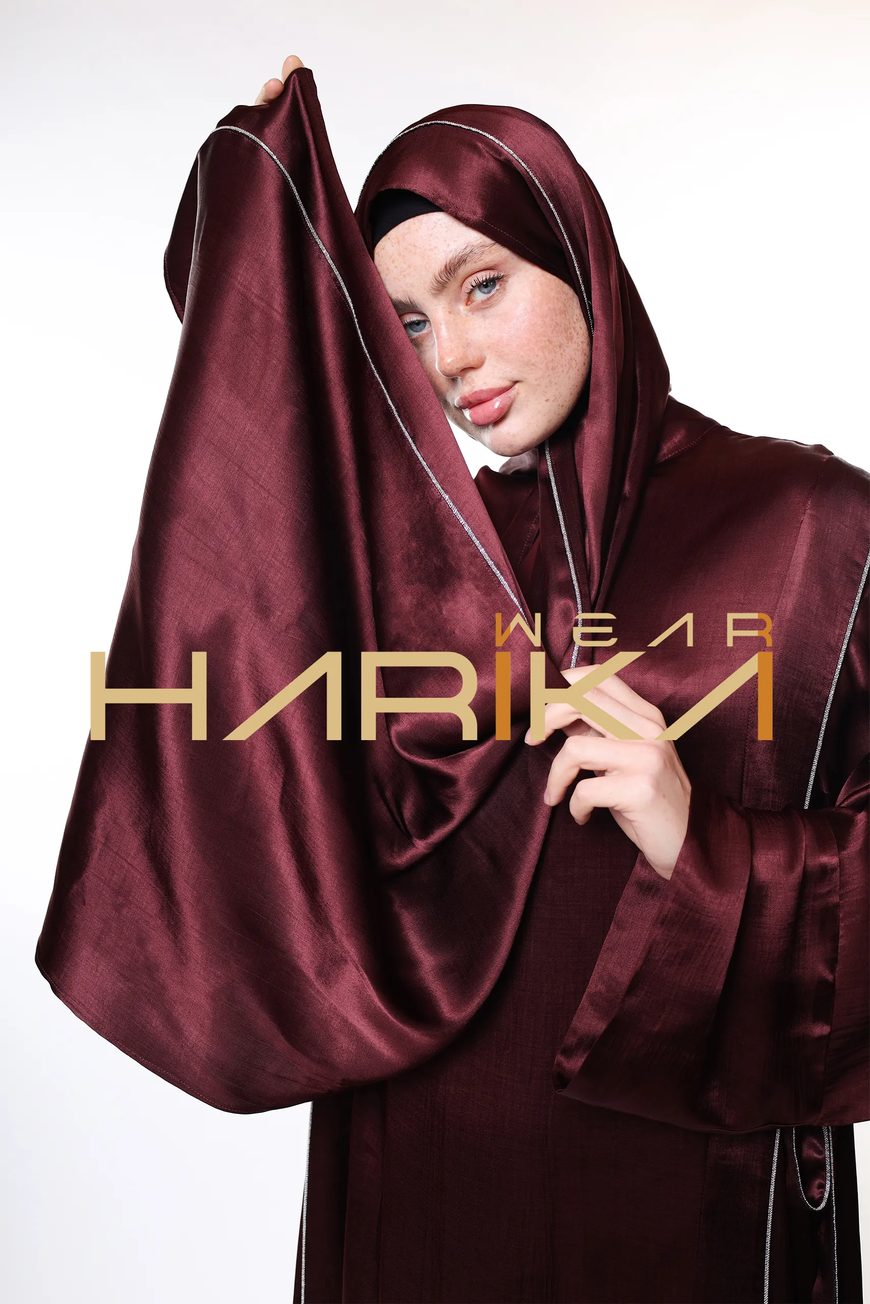 Luxury Burgundy Hijab Dress – Shiny Fabric and Stylish Design (Shawl gift) - Image 2