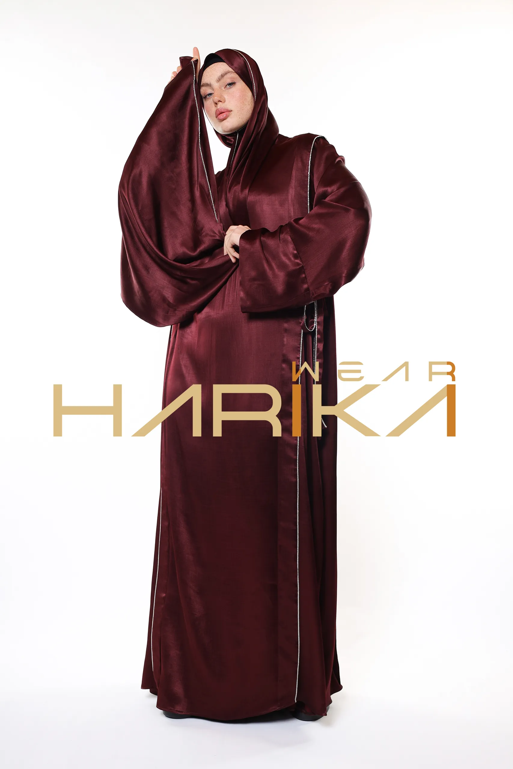 Luxury Burgundy Hijab Dress – Shiny Fabric and Stylish Design (Shawl gift)