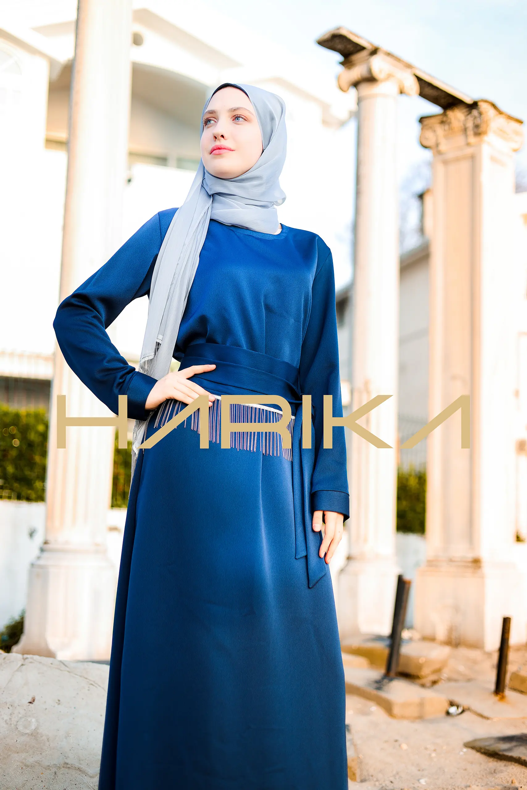 Belted Blue Silk Crepe Dress