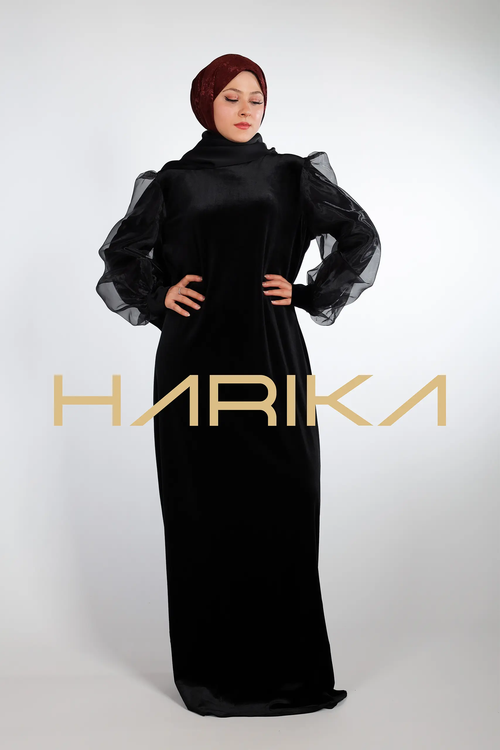 Elegant black velvet dress with organza sleeves - Image 5