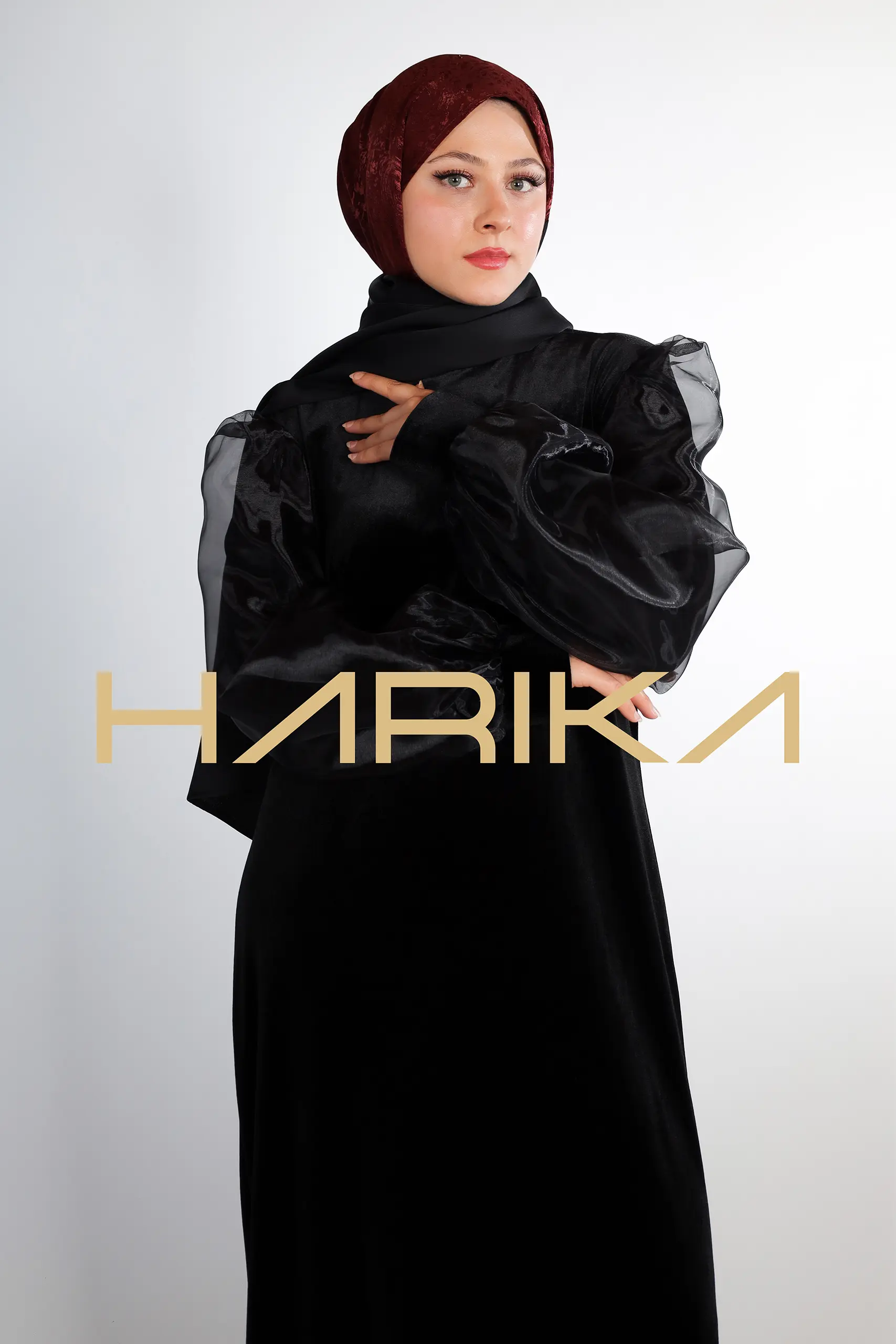 Elegant black velvet dress with organza sleeves - Image 2
