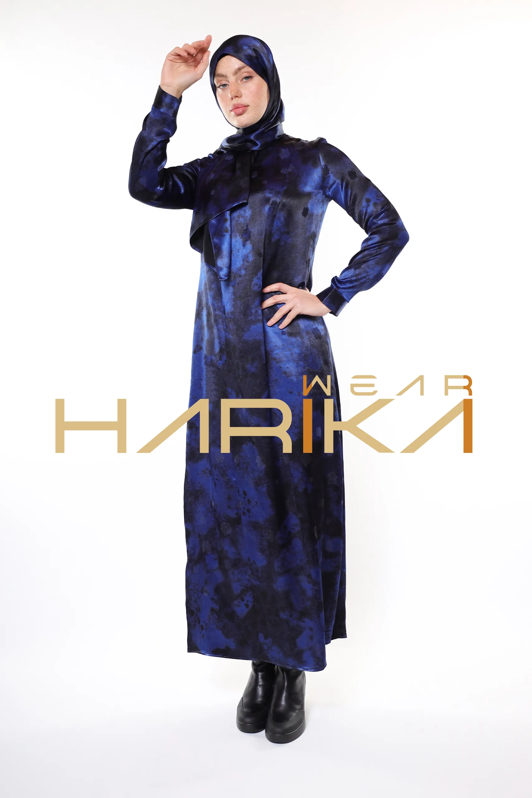 Modern and Elegant Design Blue and Black Detailed Luxury Dress
