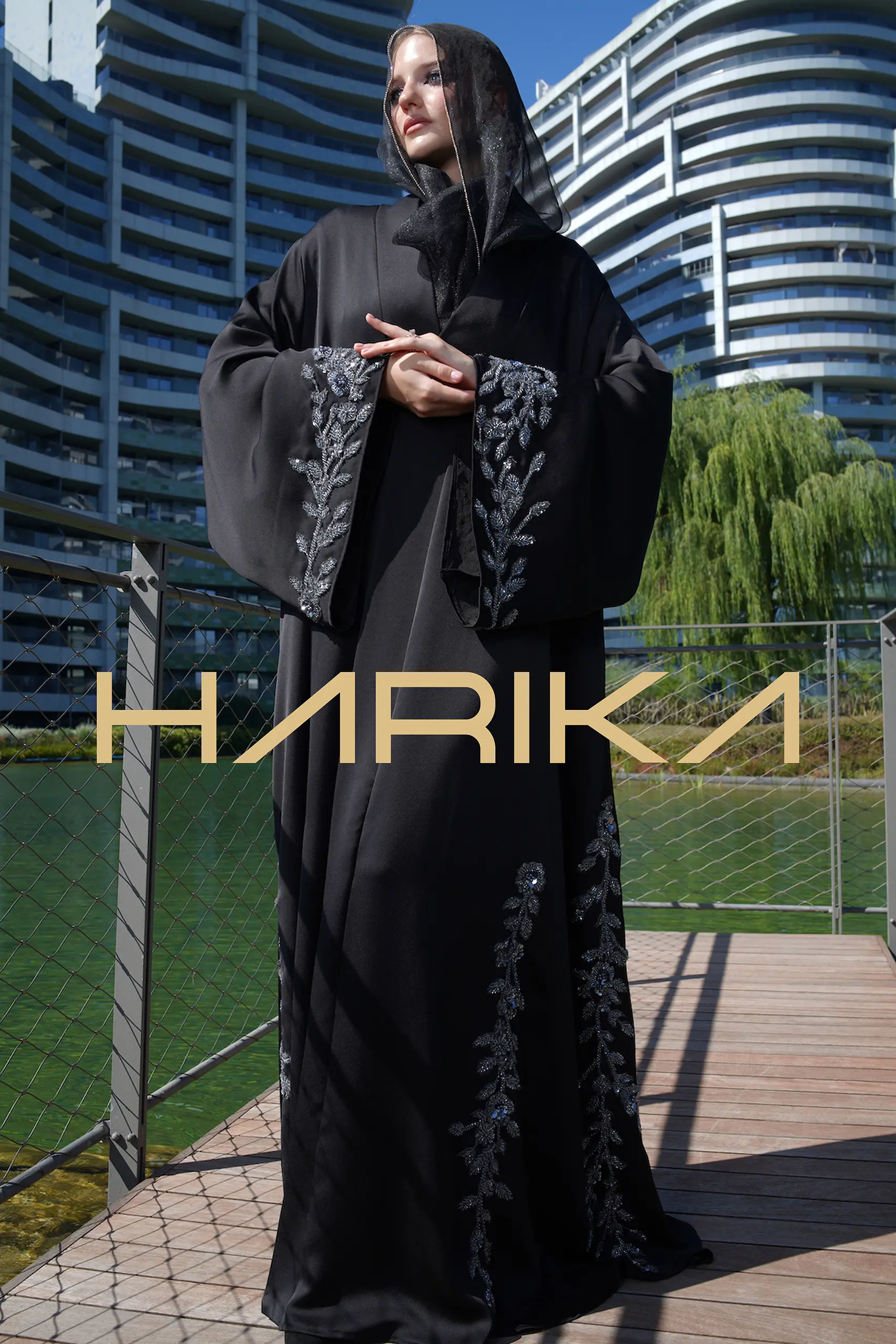 Abaya with flowers and crystals
