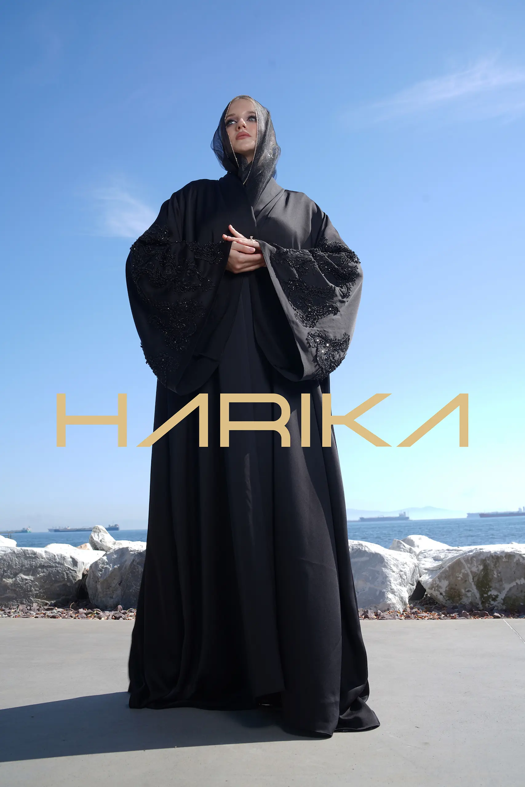 "Queen's Abaya" - Black silk crepe with wide royal sleeves - Image 9