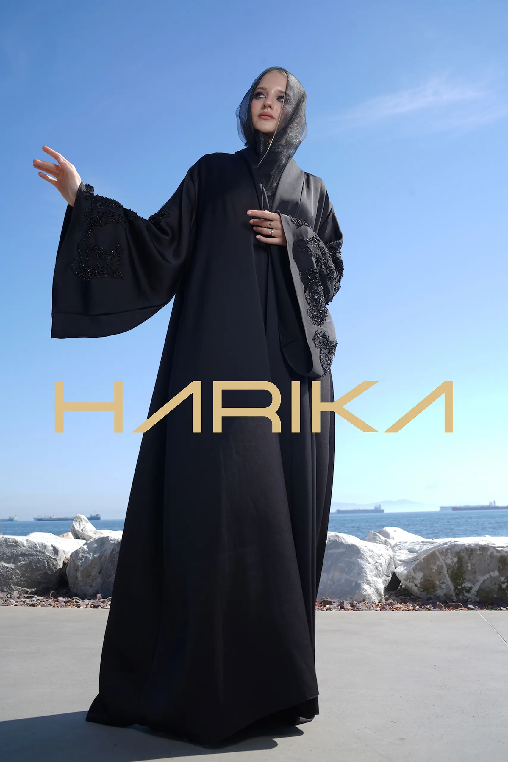 "Queen's Abaya" - Black silk crepe with wide royal sleeves - Image 8