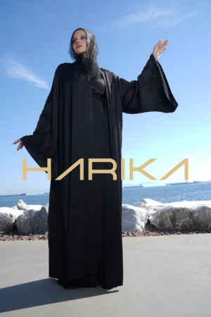 "Queen's Abaya" - Black silk crepe with wide royal sleeves