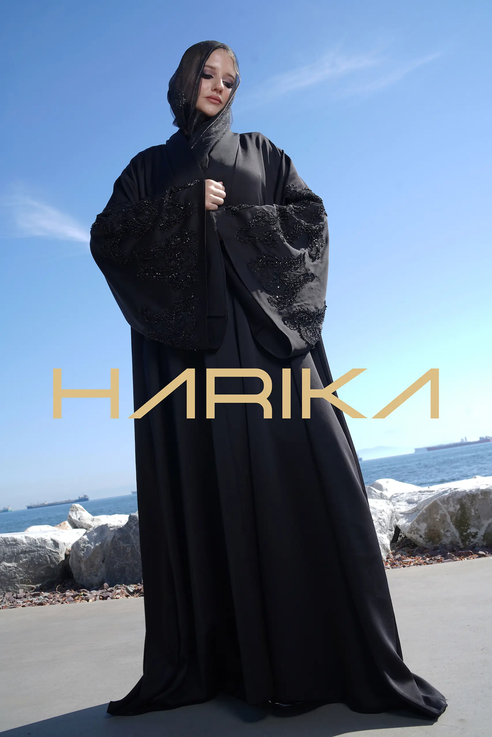 "Queen's Abaya" - Black silk crepe with wide royal sleeves - Image 6