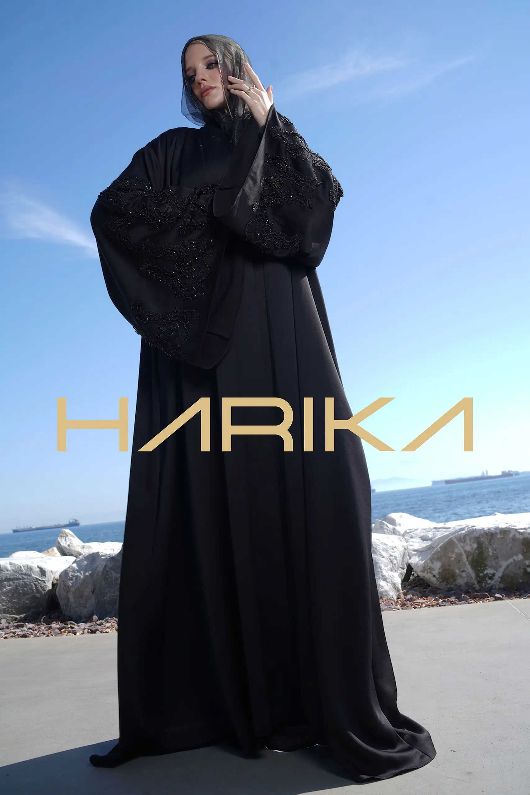 "Queen's Abaya" - Black silk crepe with wide royal sleeves - Image 5
