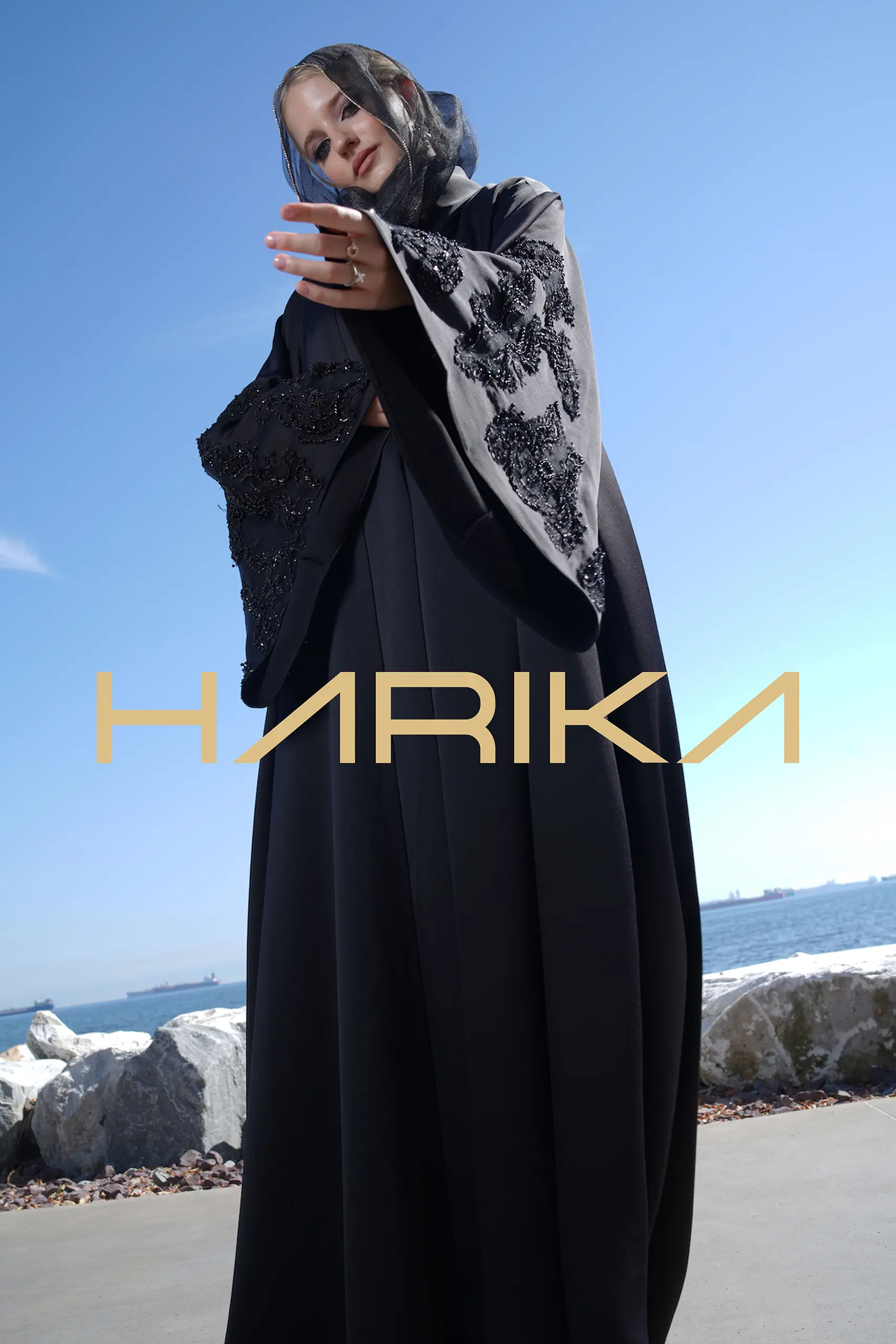 "Queen's Abaya" - Black silk crepe with wide royal sleeves - Image 4