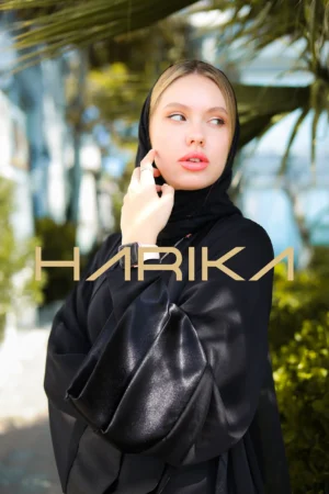 Satin sleeve chiffon black abaya