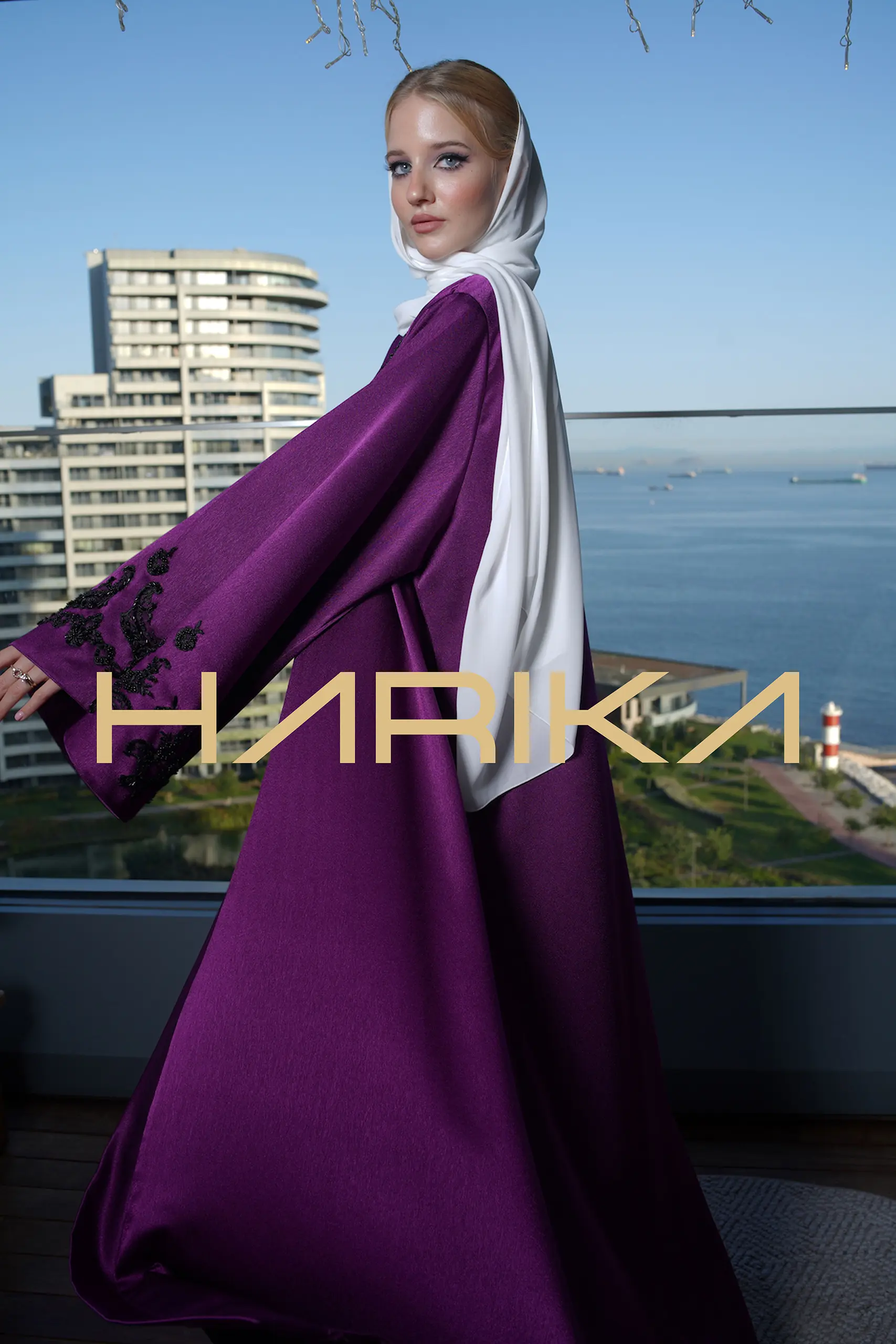 Purple abaya embroidered with black crystals for a distinctive look - Image 2