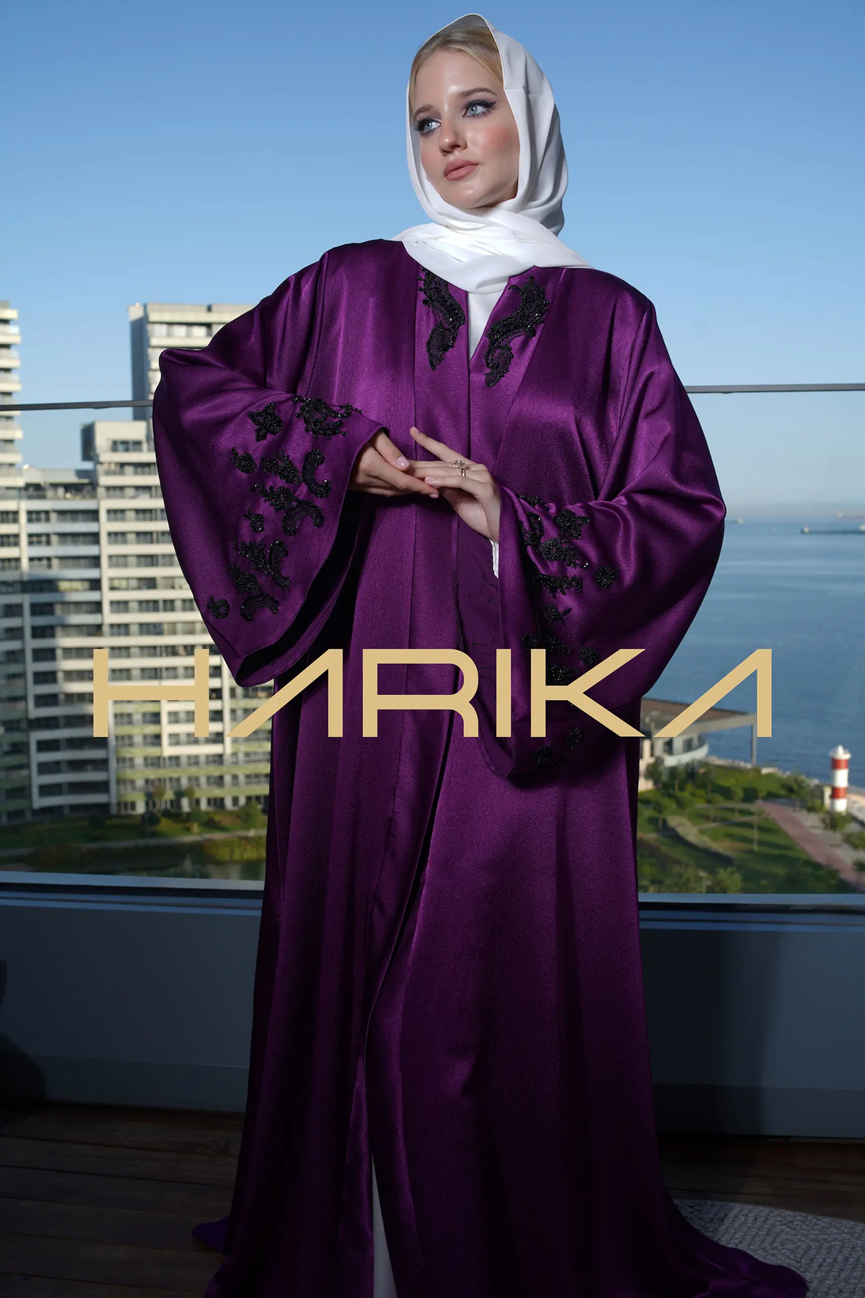 Purple abaya embroidered with black crystals for a distinctive look - Image 7