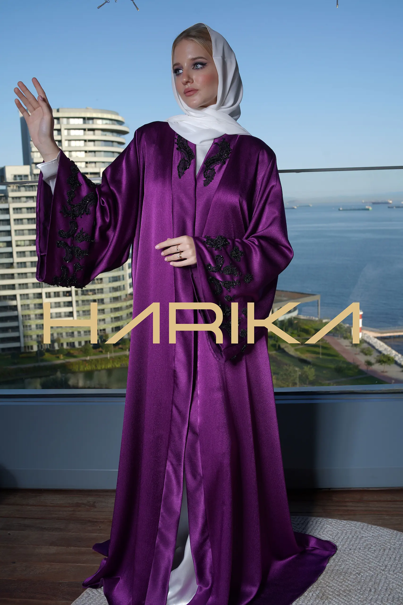 Purple abaya embroidered with black crystals for a distinctive look - Image 6