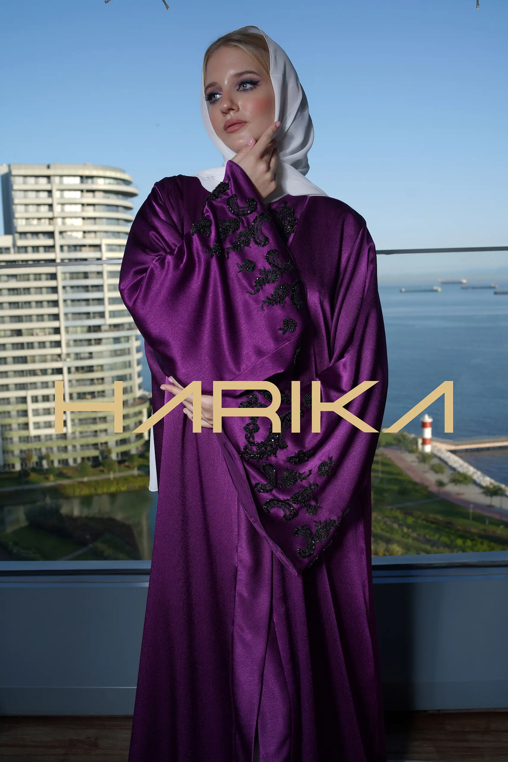 Purple abaya embroidered with black crystals for a distinctive look - Image 5