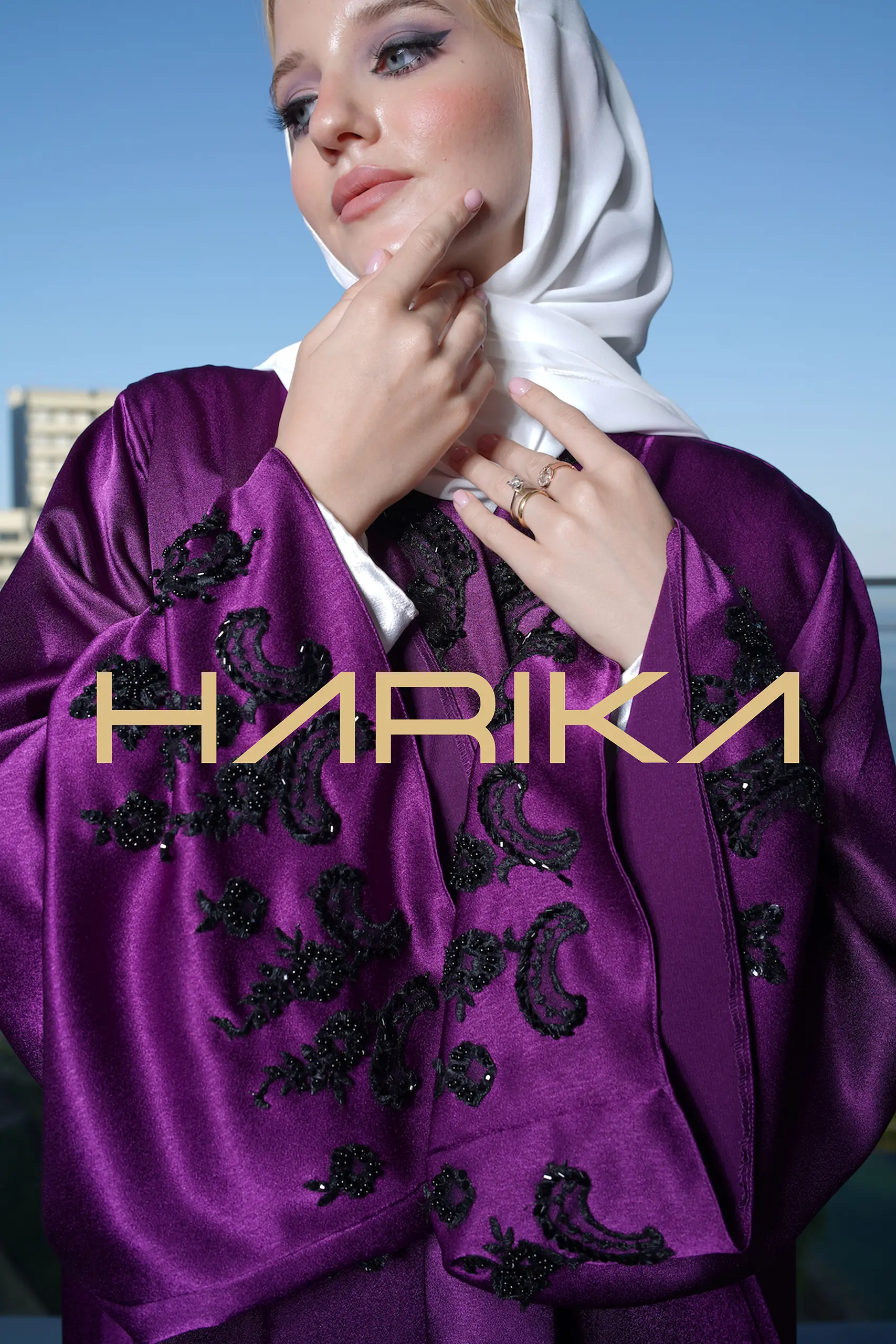 Purple abaya embroidered with black crystals for a distinctive look - Image 4