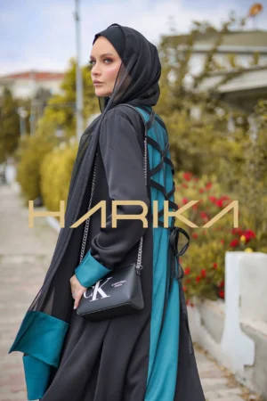 3-piece set (Abaya - Dress - Shawl) in turquoise and black