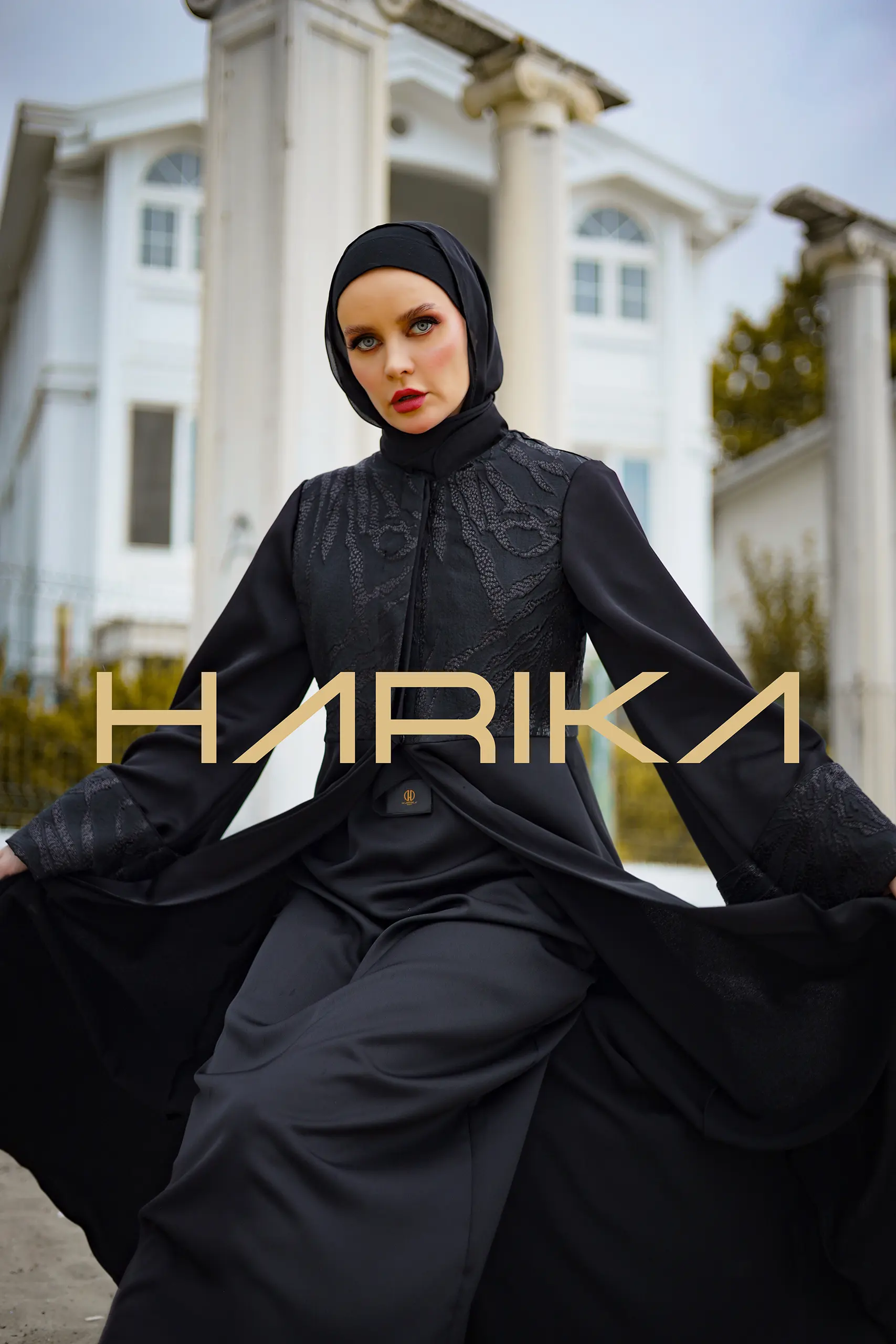 Silk Crepe Abaya with Patterned Brocade - Image 2