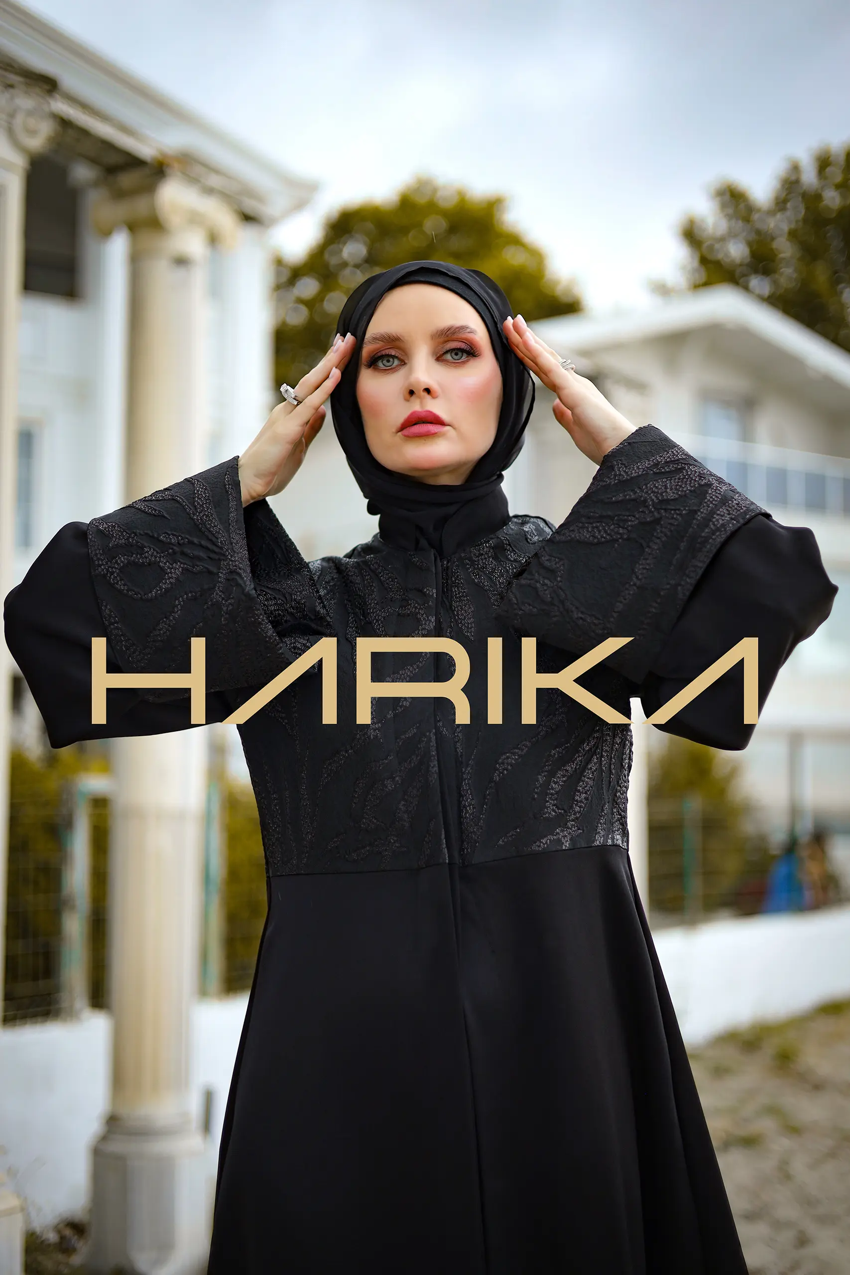 Silk Crepe Abaya with Patterned Brocade - Image 3