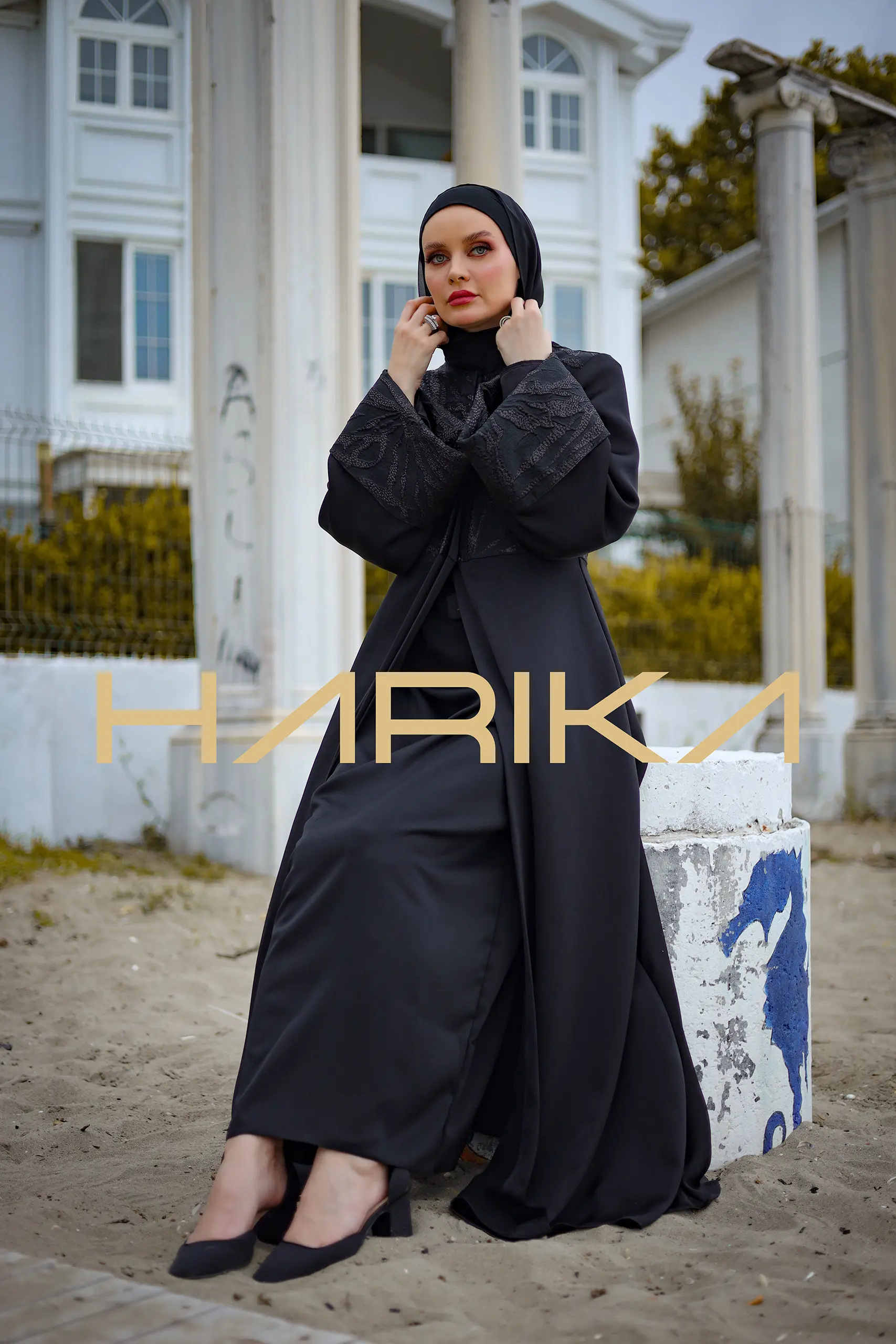 Silk Crepe Abaya with Patterned Brocade - Image 11