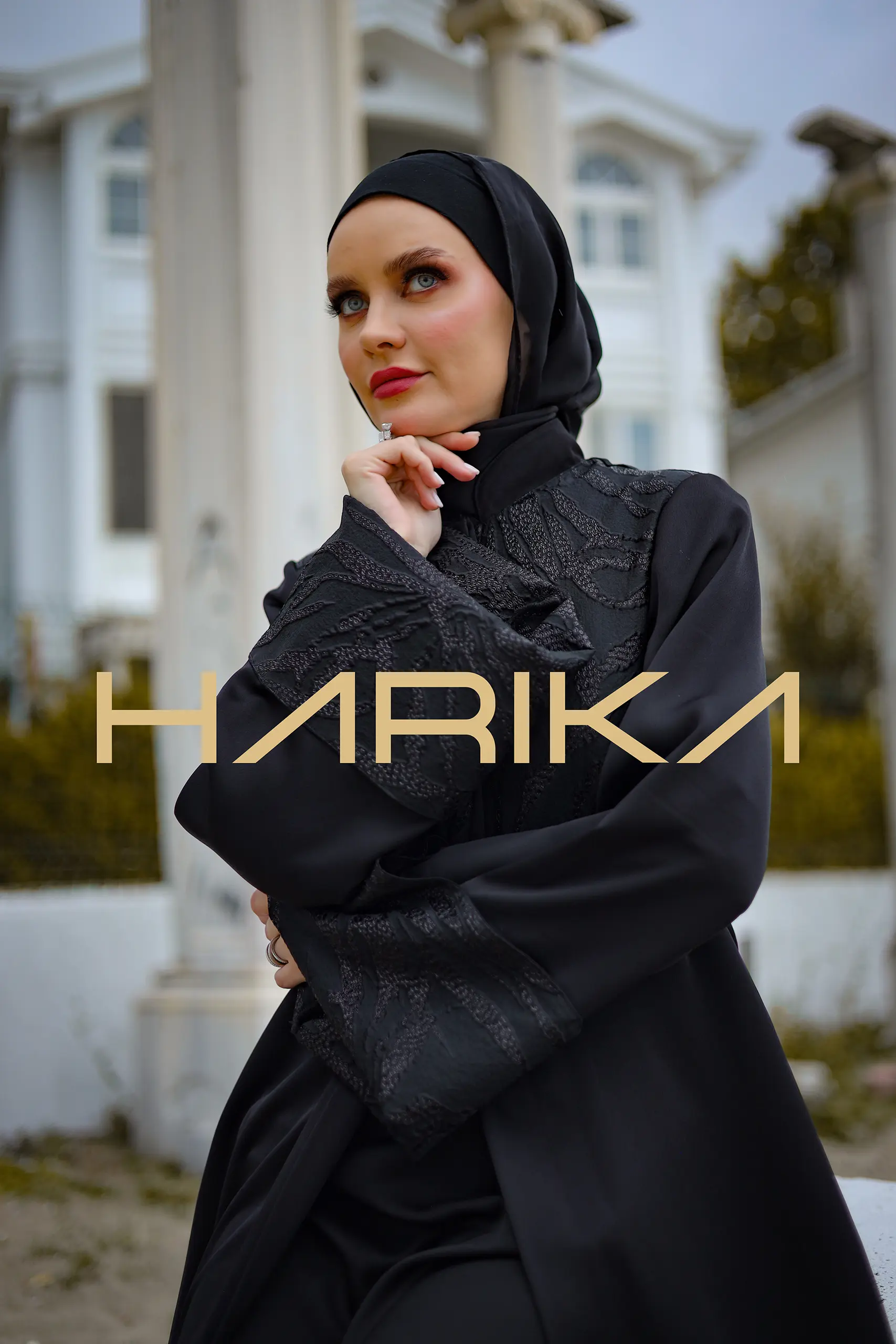 Silk Crepe Abaya with Patterned Brocade - Image 10