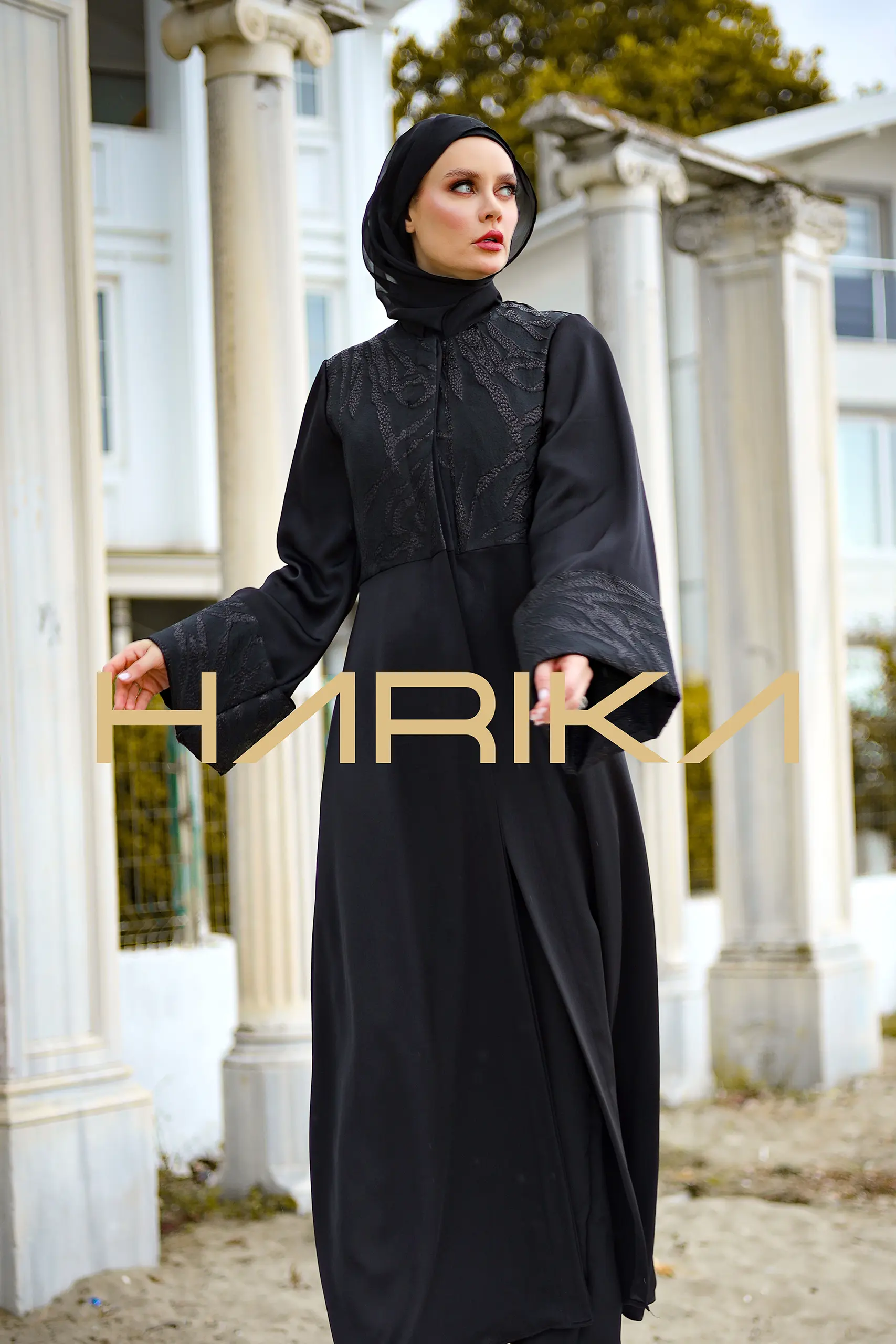 Silk Crepe Abaya with Patterned Brocade - Image 6