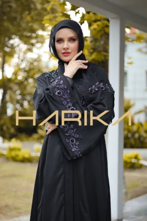 A luxurious abaya with shawl adorned with sparkling Swarovski crystal rose embroidery