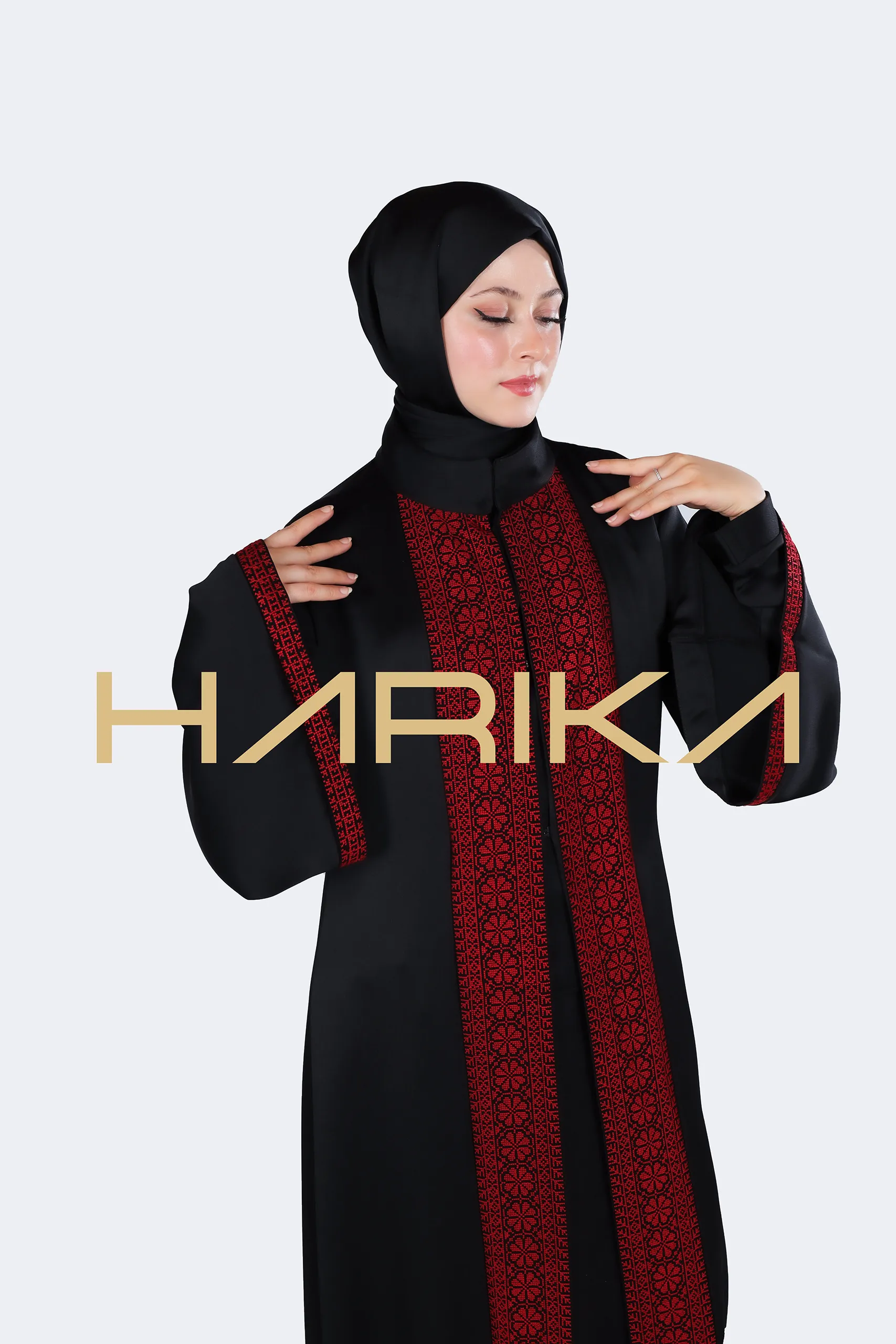 Black silk crepe abaya "Palestinian style" - Image 3
