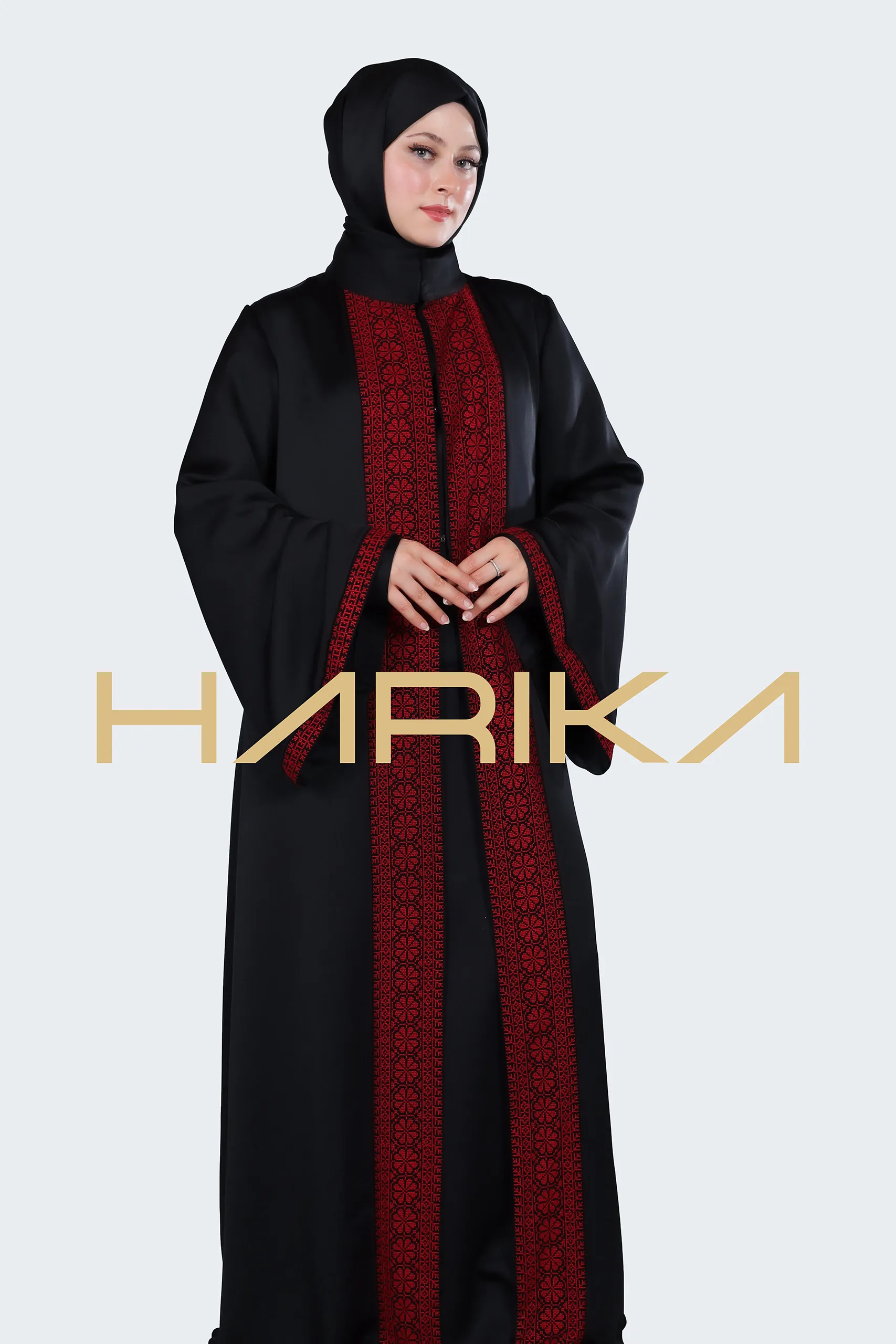 Black silk crepe abaya "Palestinian style"