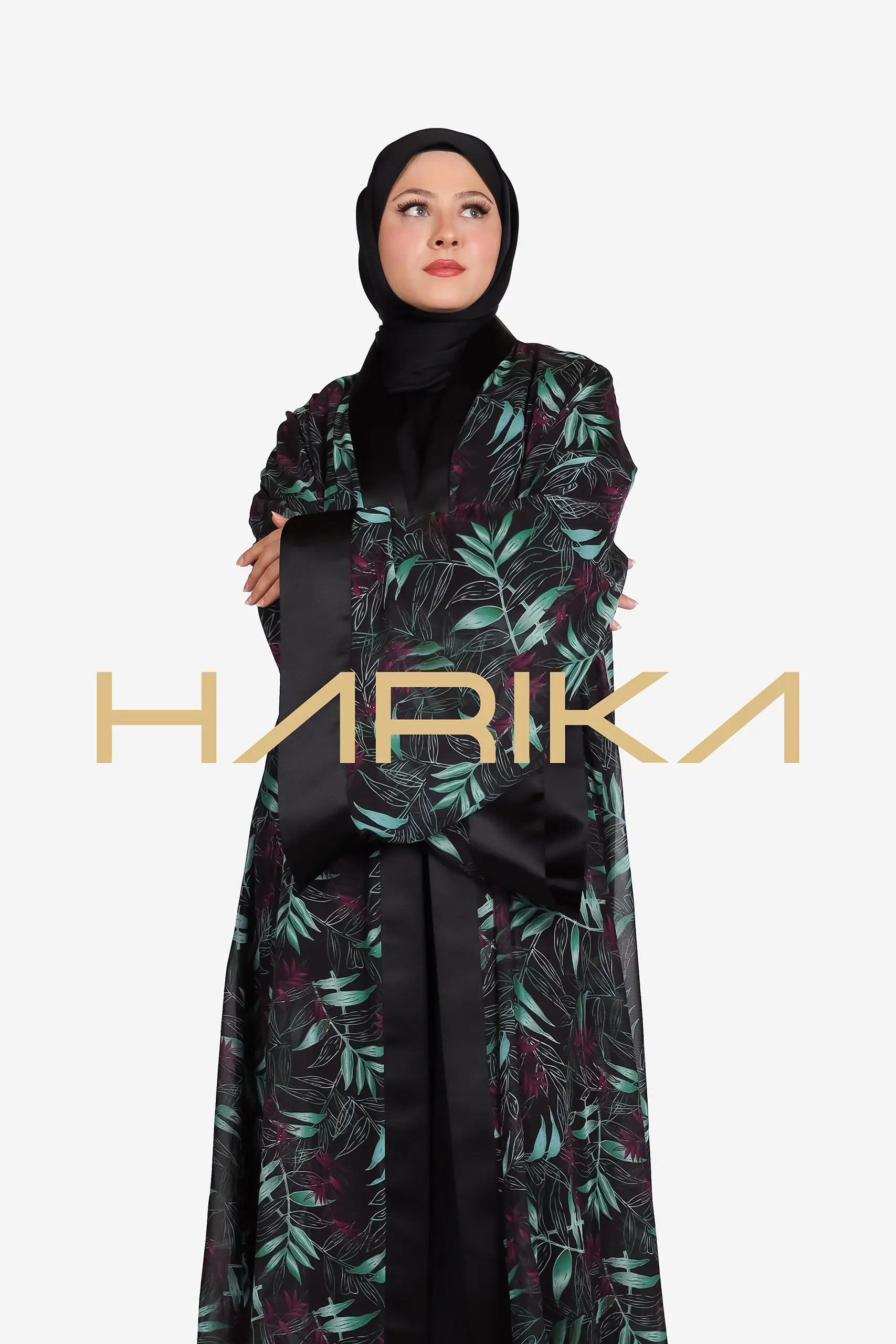 Floral Chiffon Abaya Set, 4 Pieces (Abaya, Dress, shawl, and Belt) - Image 2