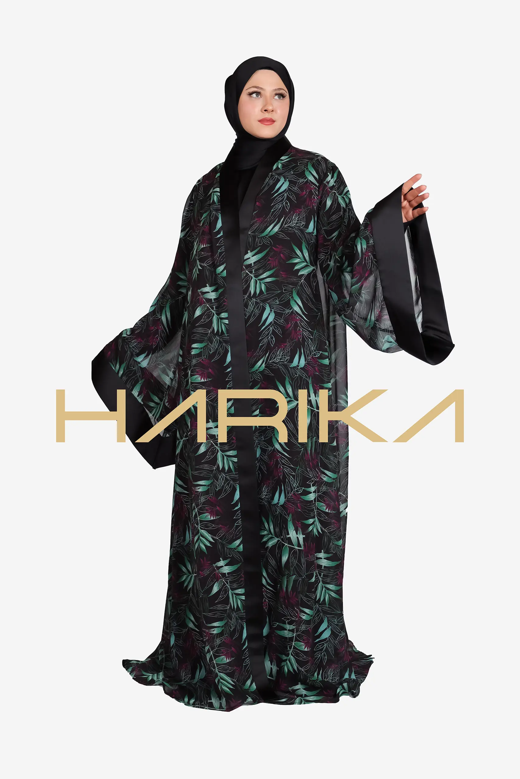Floral Chiffon Abaya Set, 4 Pieces (Abaya, Dress, shawl, and Belt)