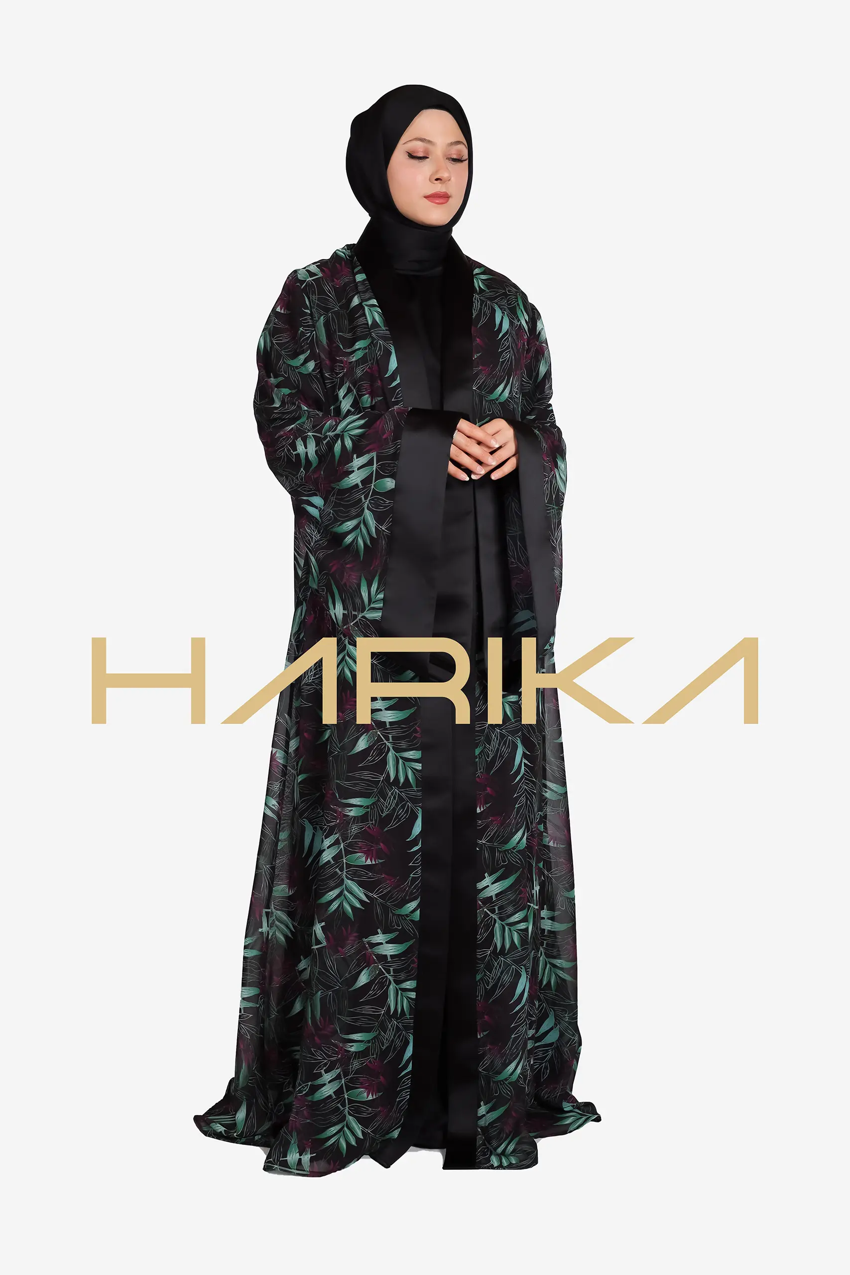 Floral Chiffon Abaya Set, 4 Pieces (Abaya, Dress, shawl, and Belt) - Image 10