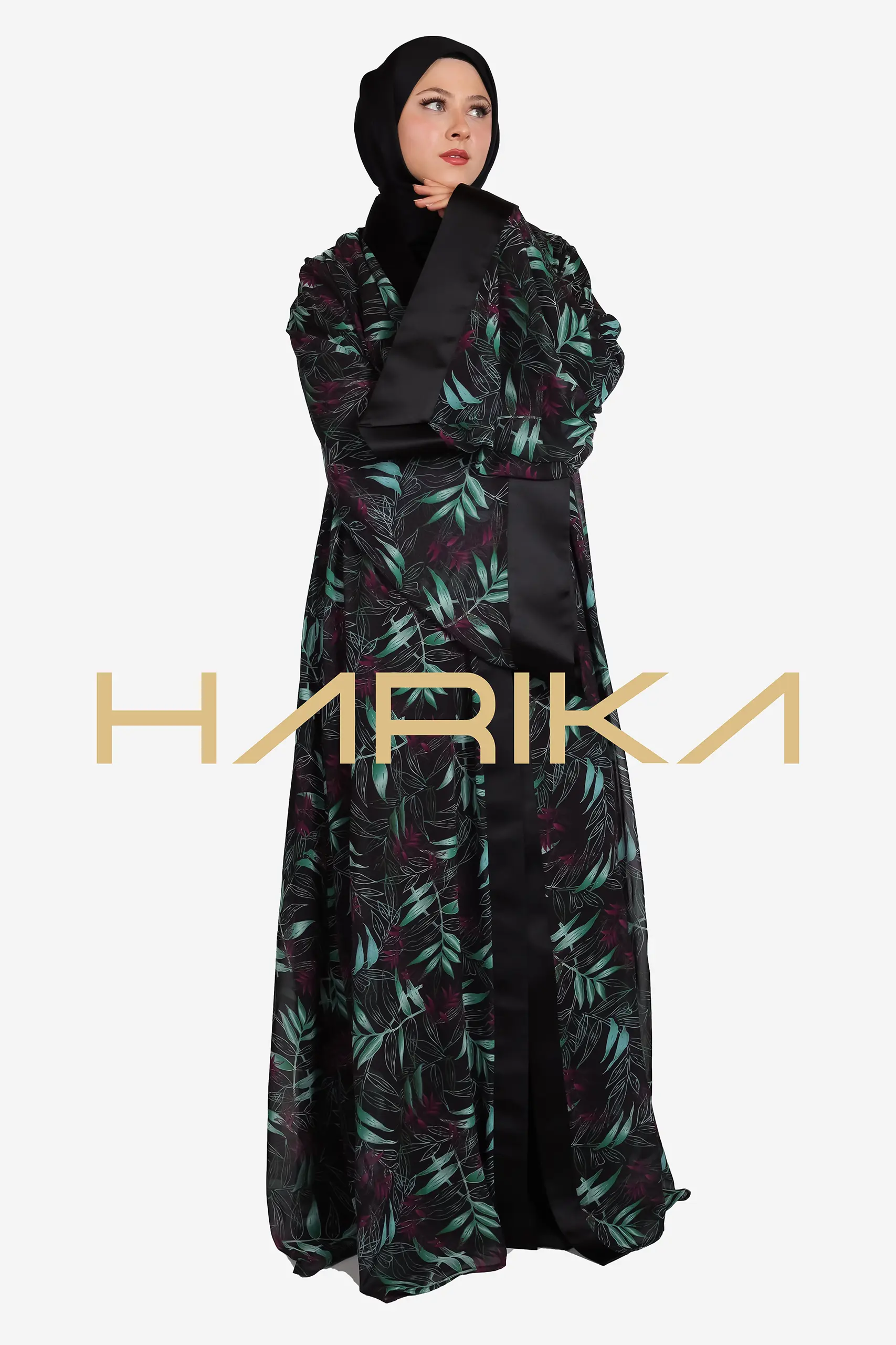 Floral Chiffon Abaya Set, 4 Pieces (Abaya, Dress, shawl, and Belt) - Image 9