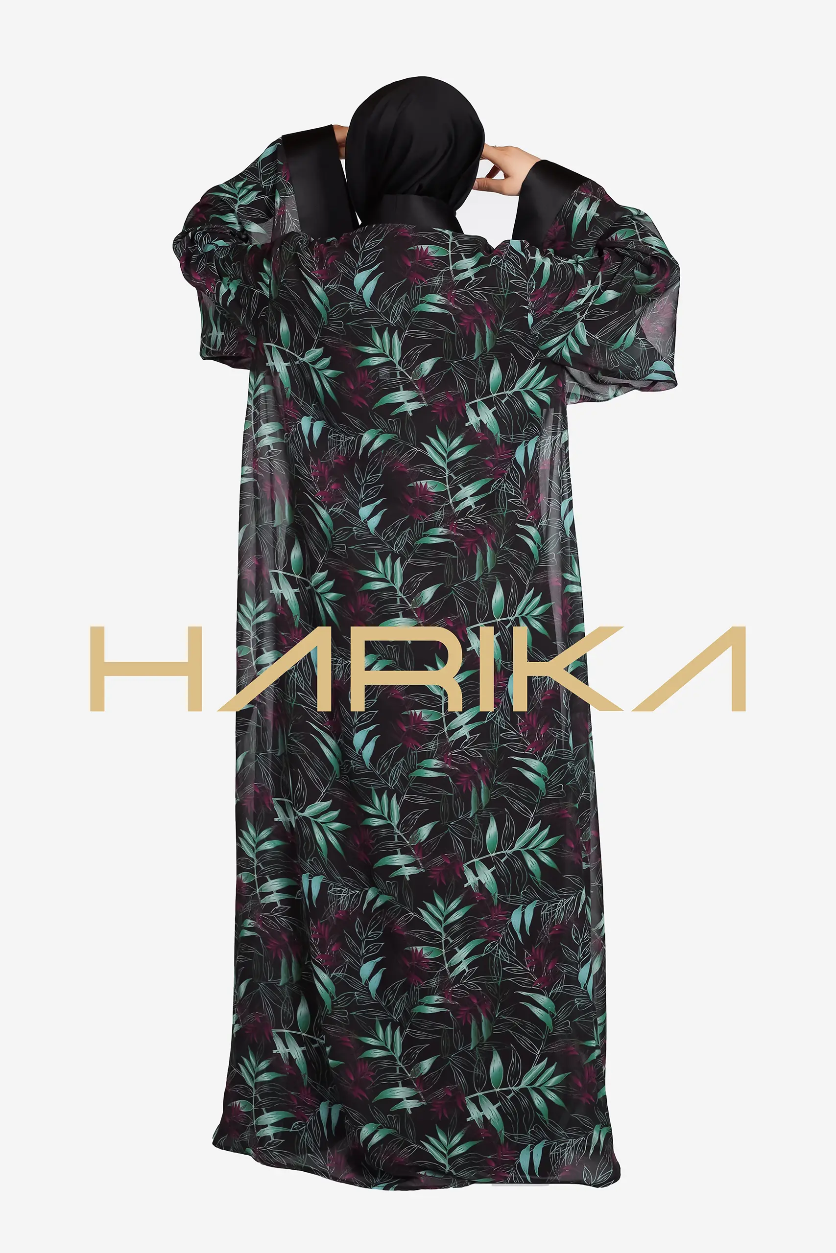 Floral Chiffon Abaya Set, 4 Pieces (Abaya, Dress, shawl, and Belt) - Image 8