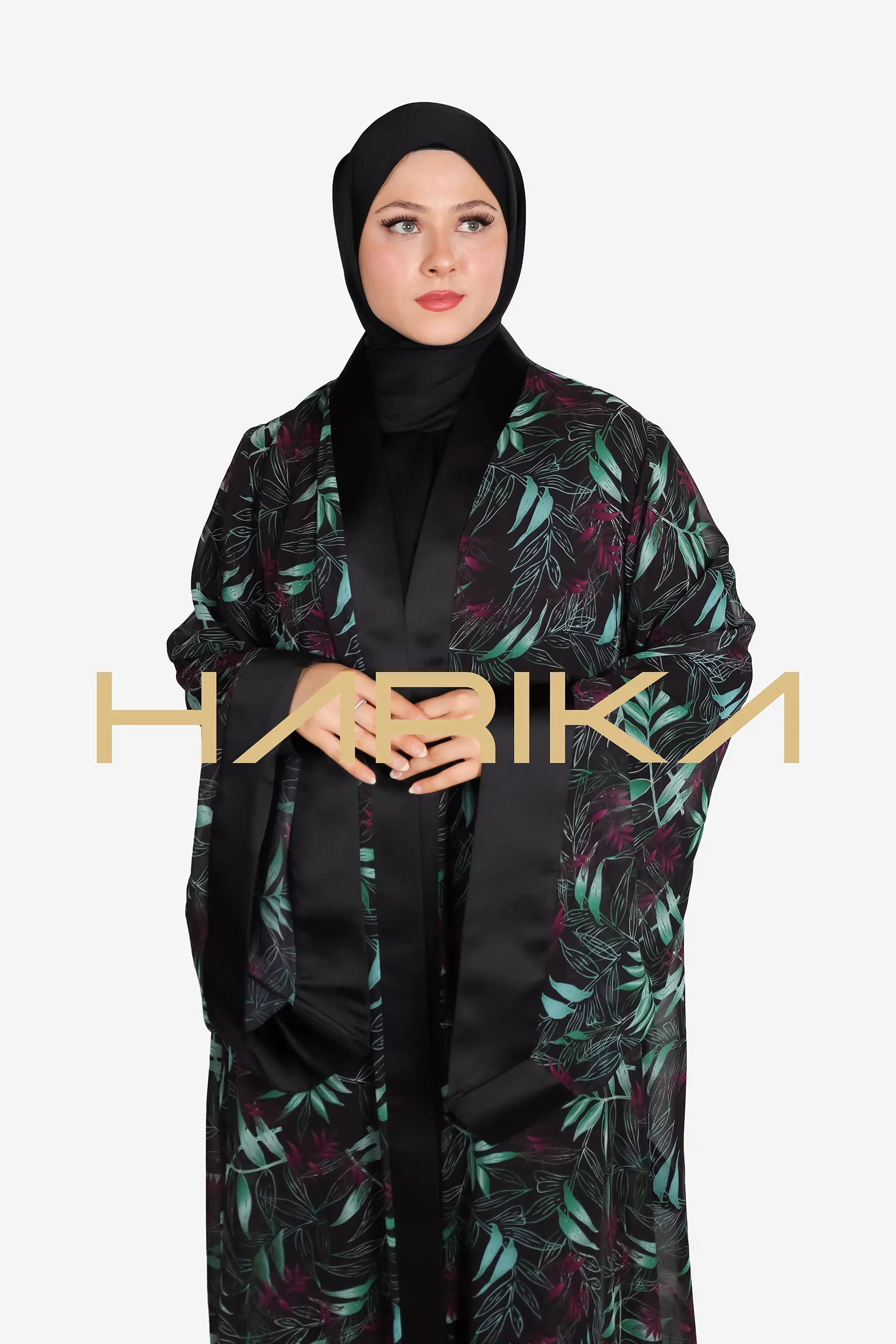 Floral Chiffon Abaya Set, 4 Pieces (Abaya, Dress, shawl, and Belt) - Image 7