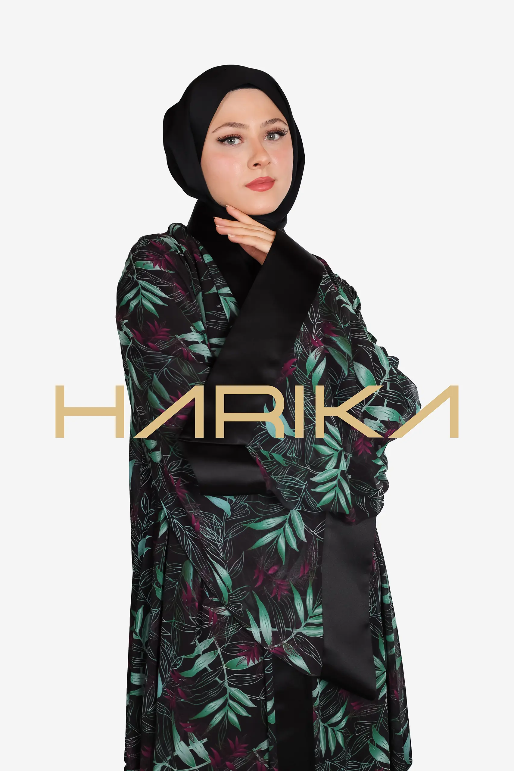 Floral Chiffon Abaya Set, 4 Pieces (Abaya, Dress, shawl, and Belt) - Image 6