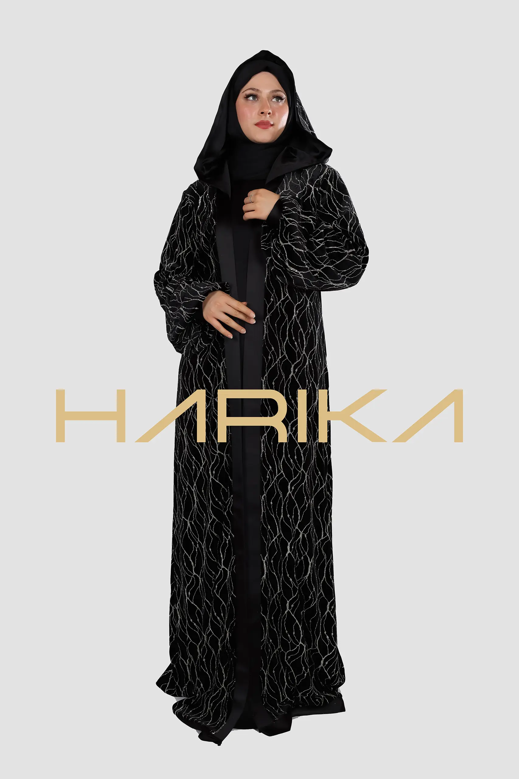 A luxurious velvet abaya adorned with high-quality silver stripes - Image 10