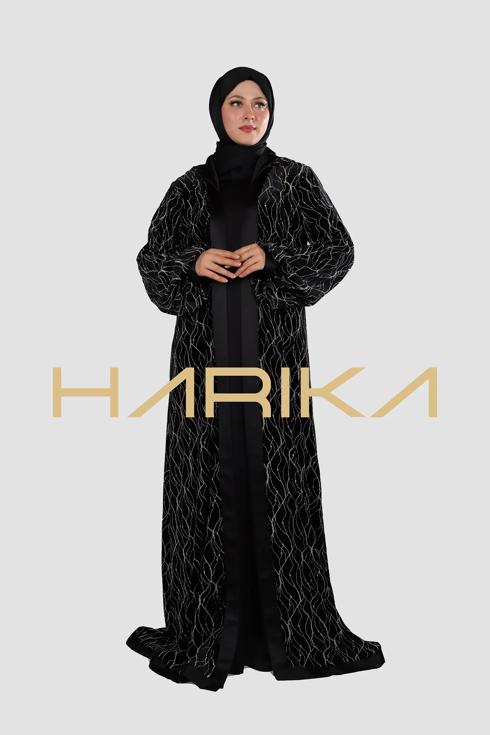 A luxurious velvet abaya adorned with high-quality silver stripes - Image 8