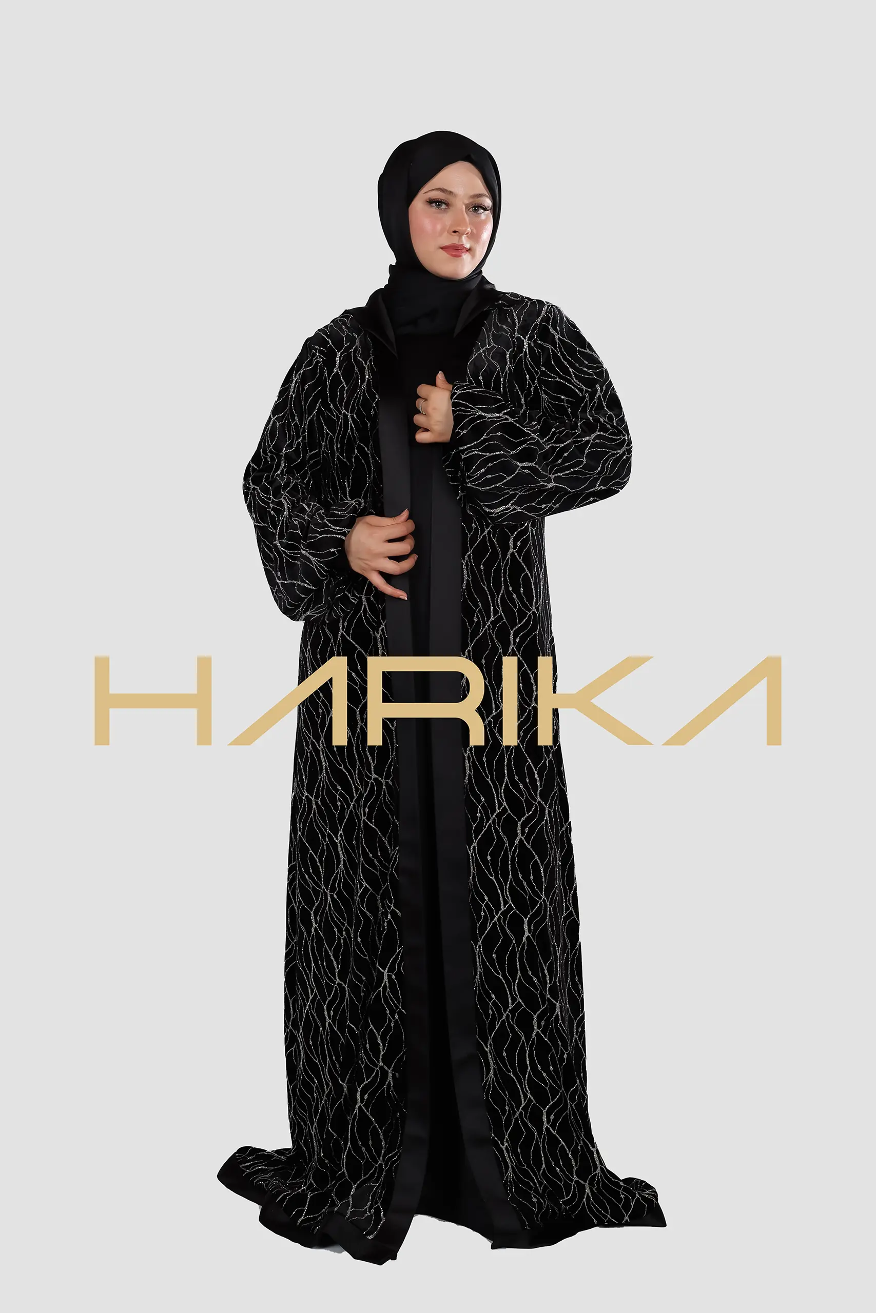 A luxurious velvet abaya adorned with high-quality silver stripes - Image 7