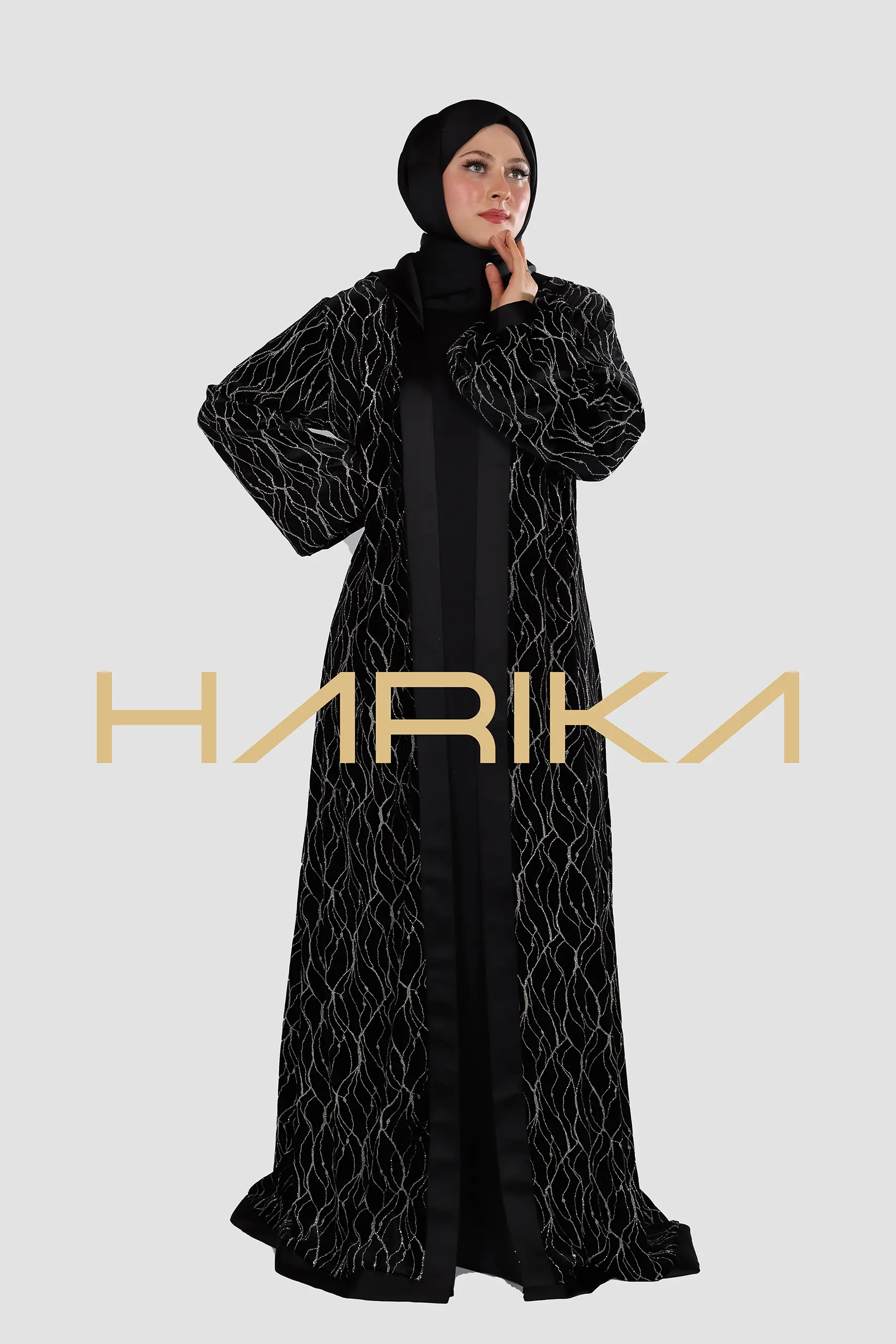 A luxurious velvet abaya adorned with high-quality silver stripes - Image 6
