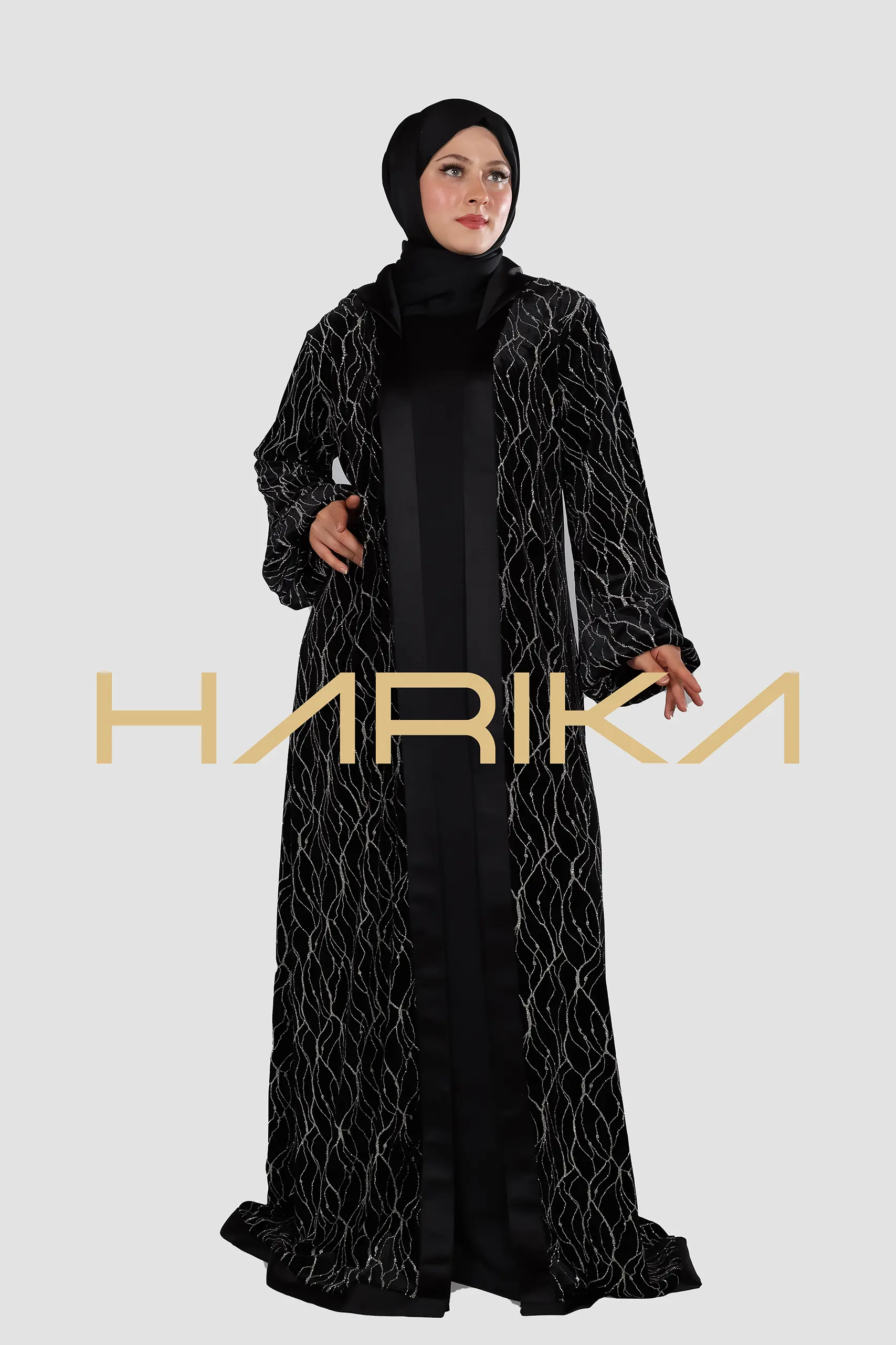 A luxurious velvet abaya adorned with high-quality silver stripes - Image 5