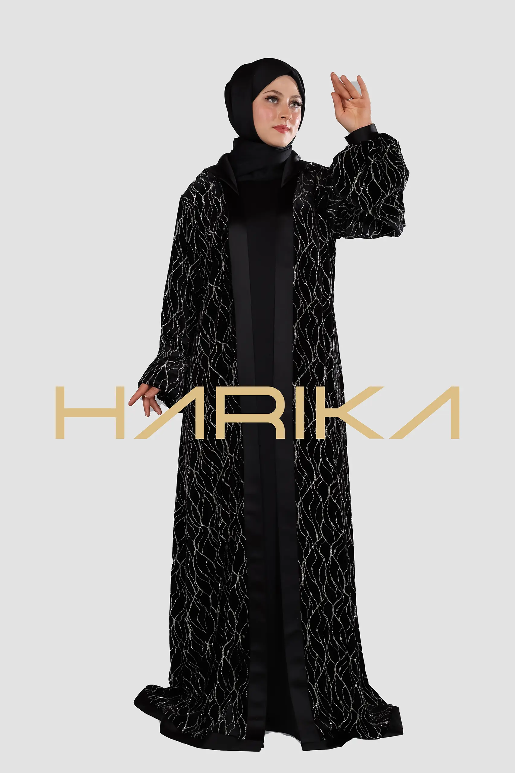 A luxurious velvet abaya adorned with high-quality silver stripes - Image 4
