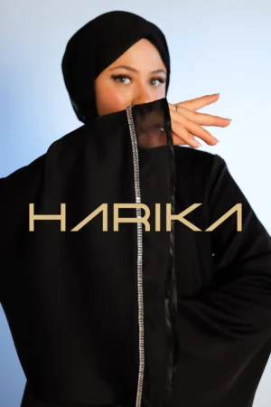 Black abaya and shawl adorned with silver diamond crystals