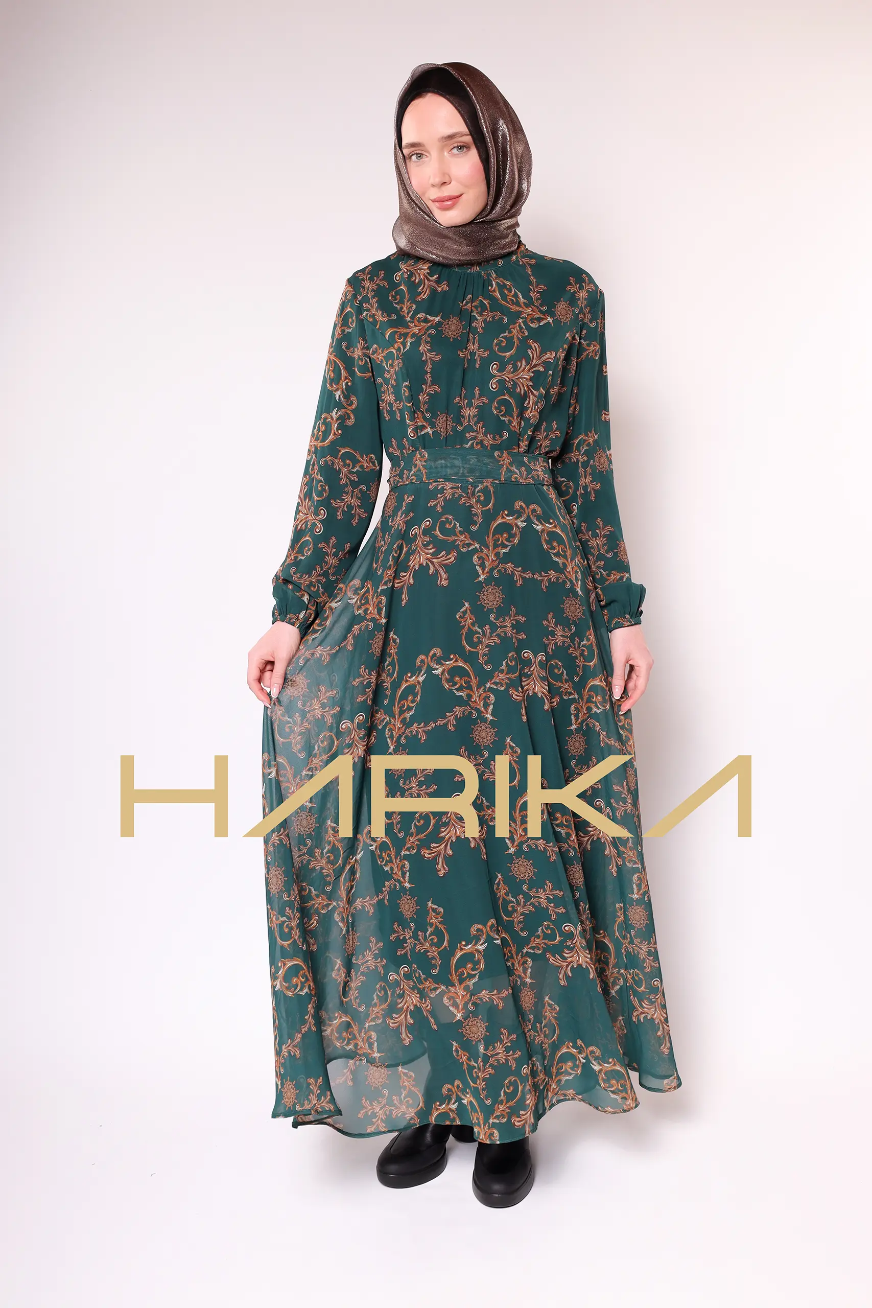Green Gold Patterned Chiffon Dress - Image 16