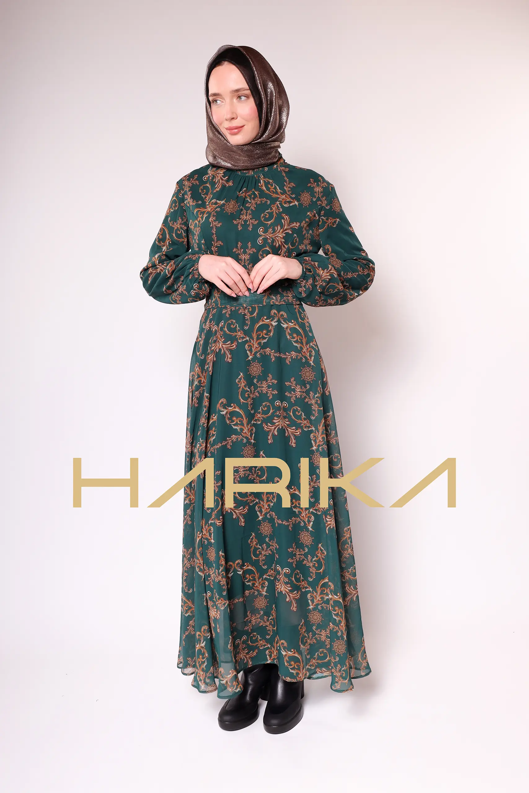 Green Gold Patterned Chiffon Dress - Image 10