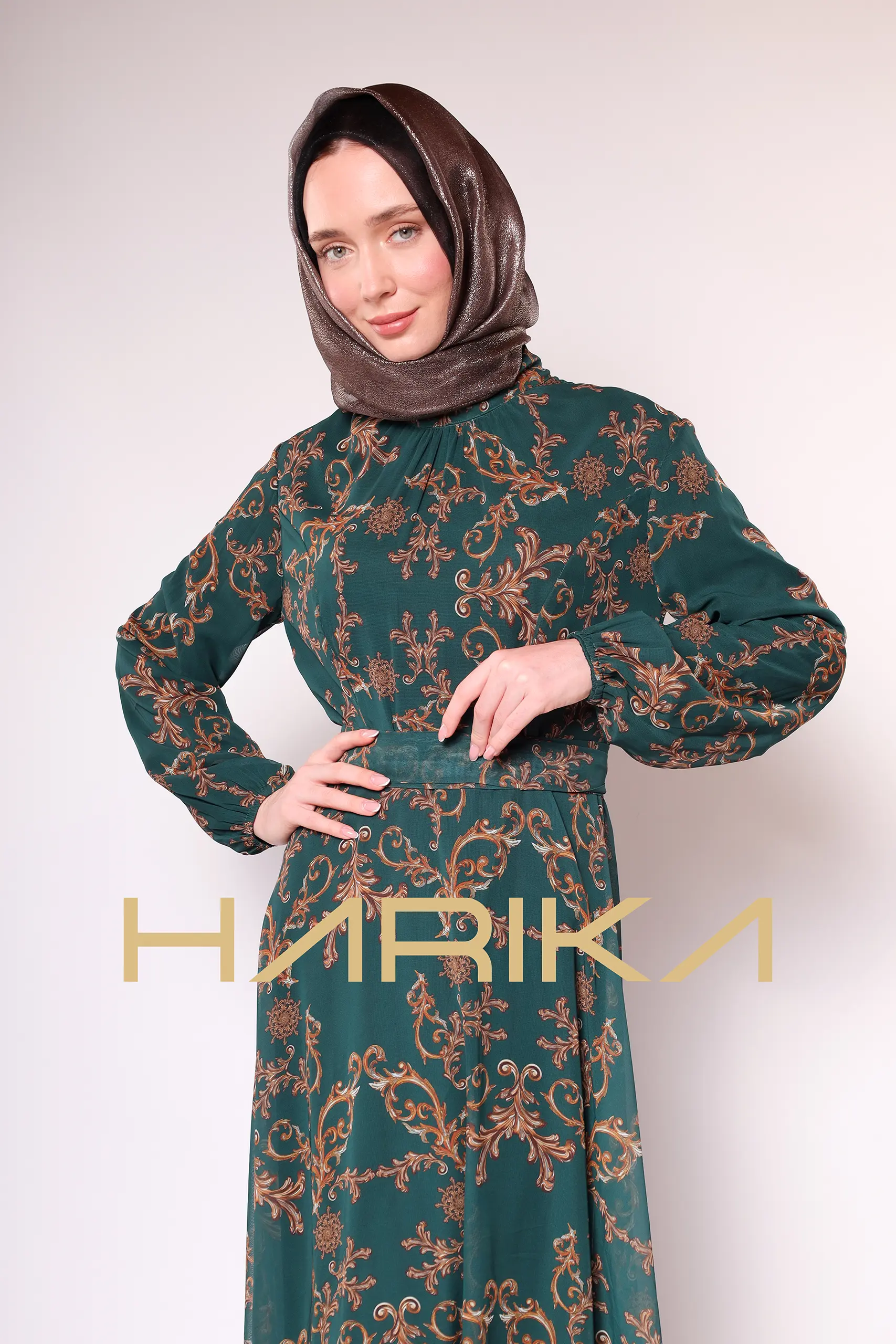 Green Gold Patterned Chiffon Dress - Image 9