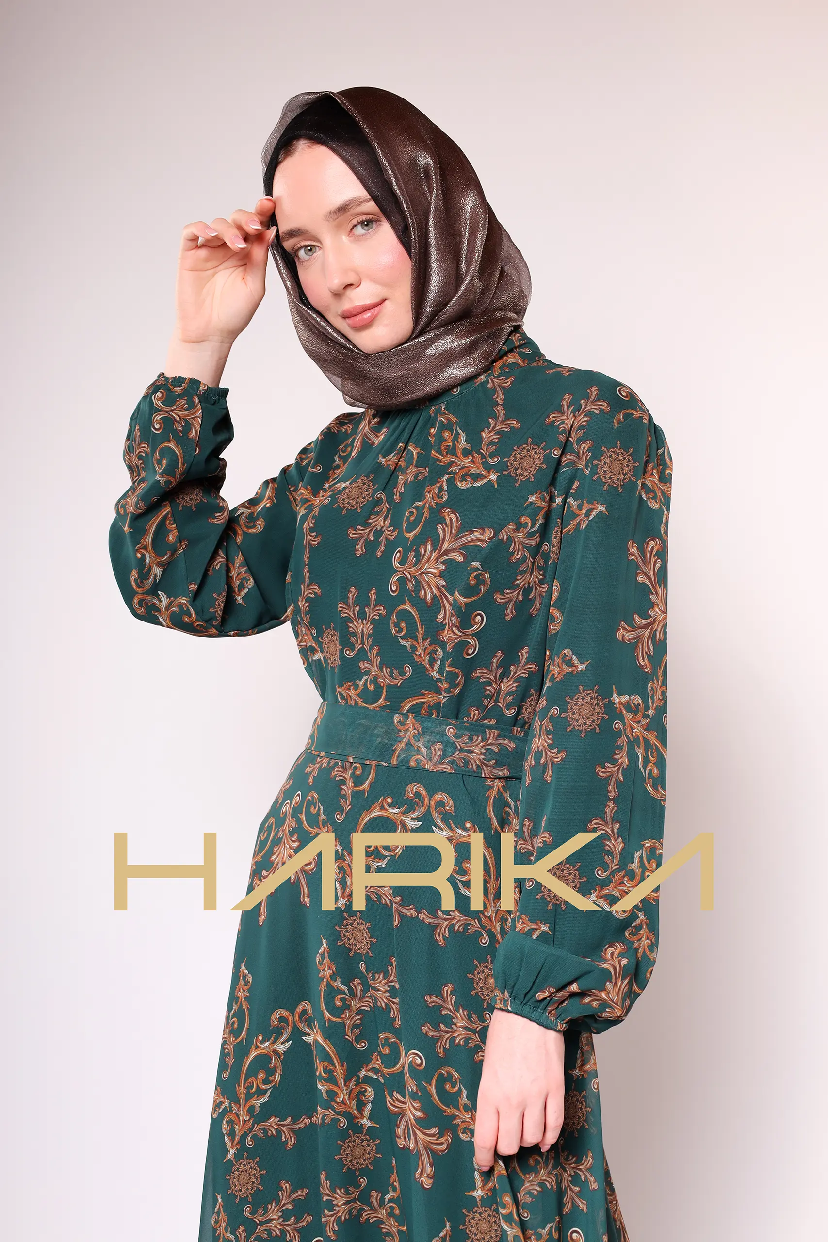 Green Gold Patterned Chiffon Dress - Image 3