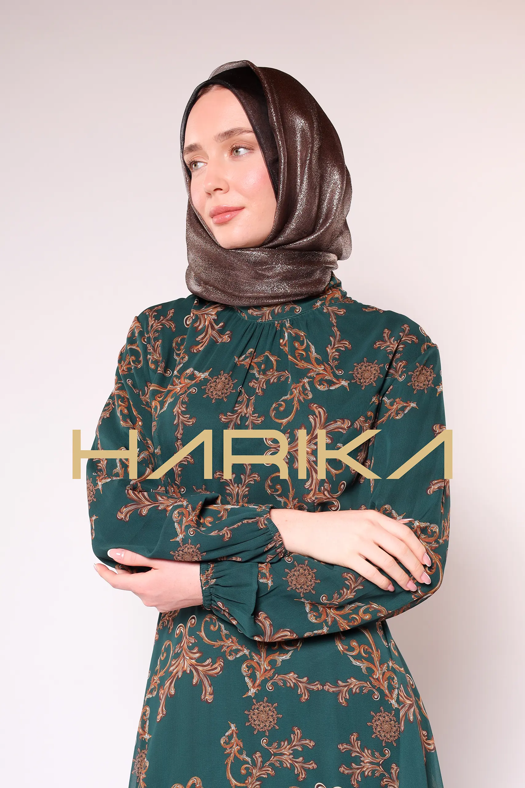 Green Gold Patterned Chiffon Dress - Image 4
