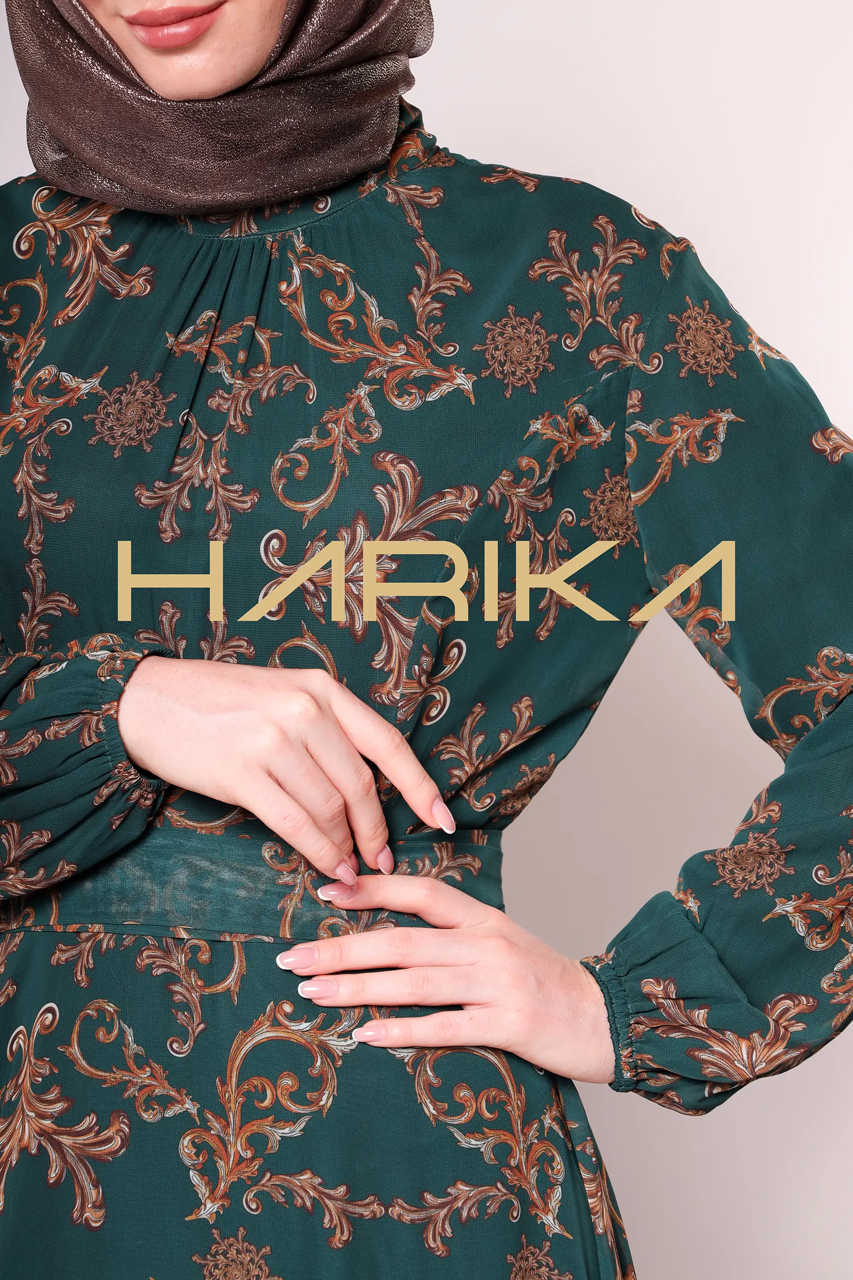 Green Gold Patterned Chiffon Dress - Image 5