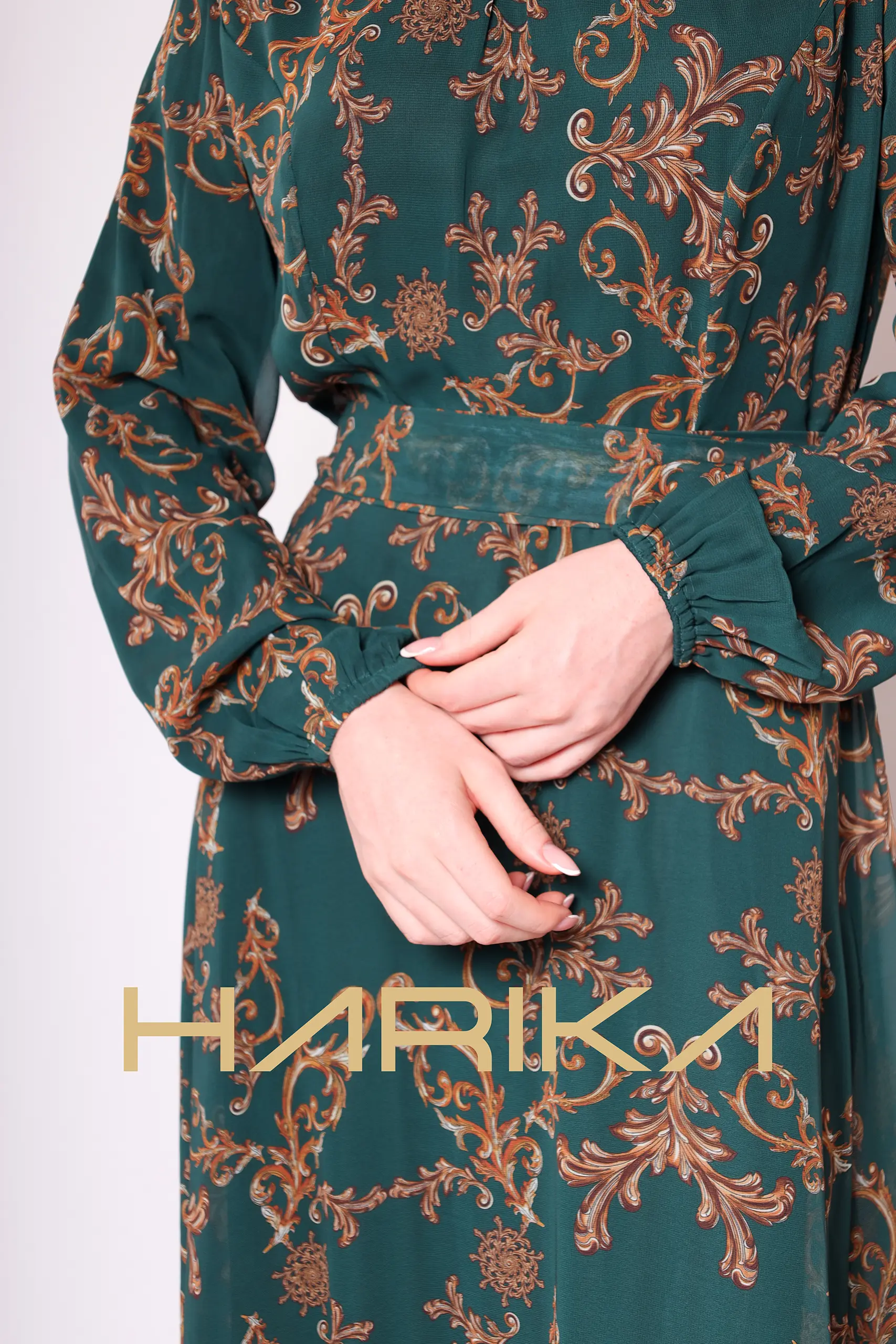 Green Gold Patterned Chiffon Dress - Image 6