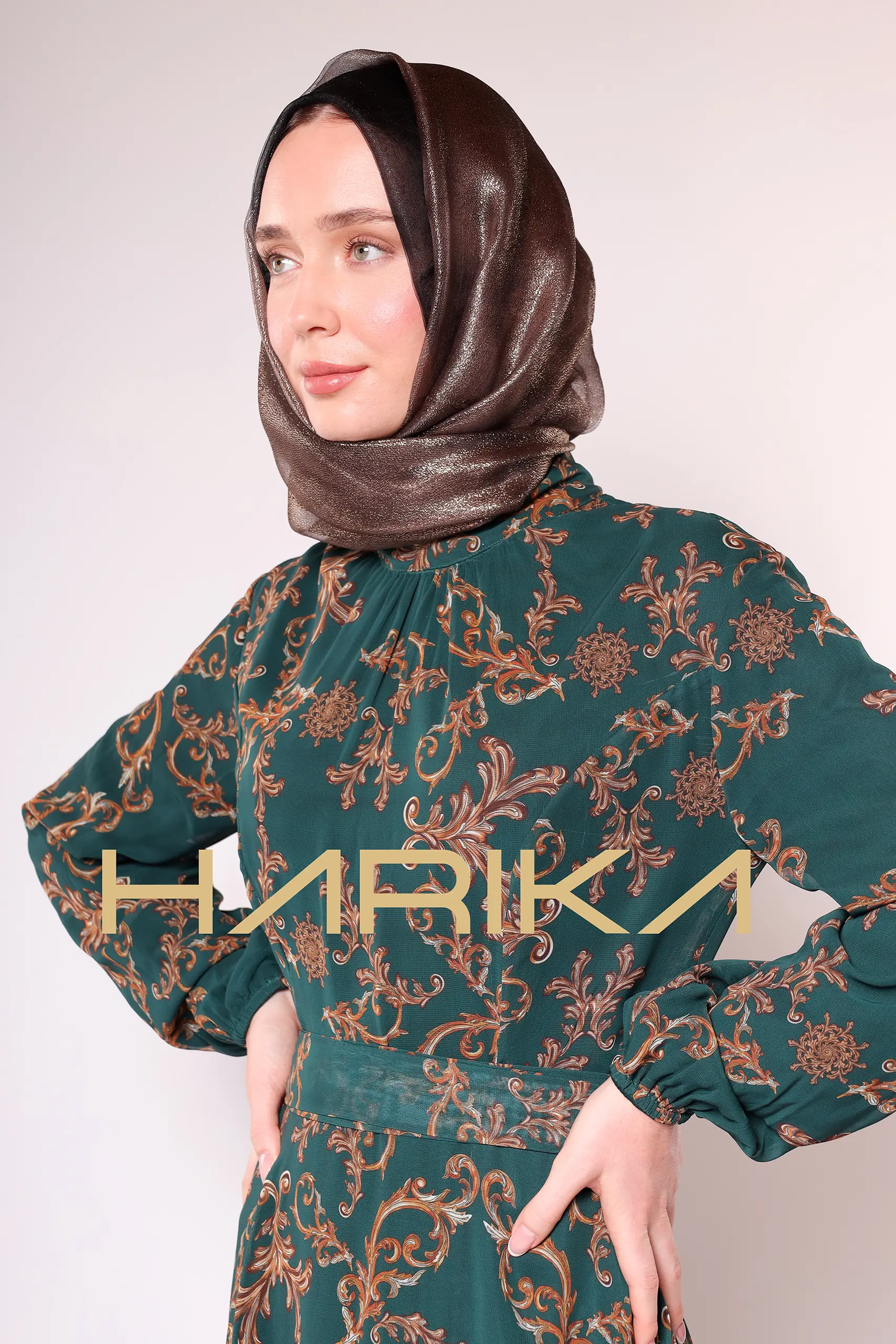 Green Gold Patterned Chiffon Dress - Image 7